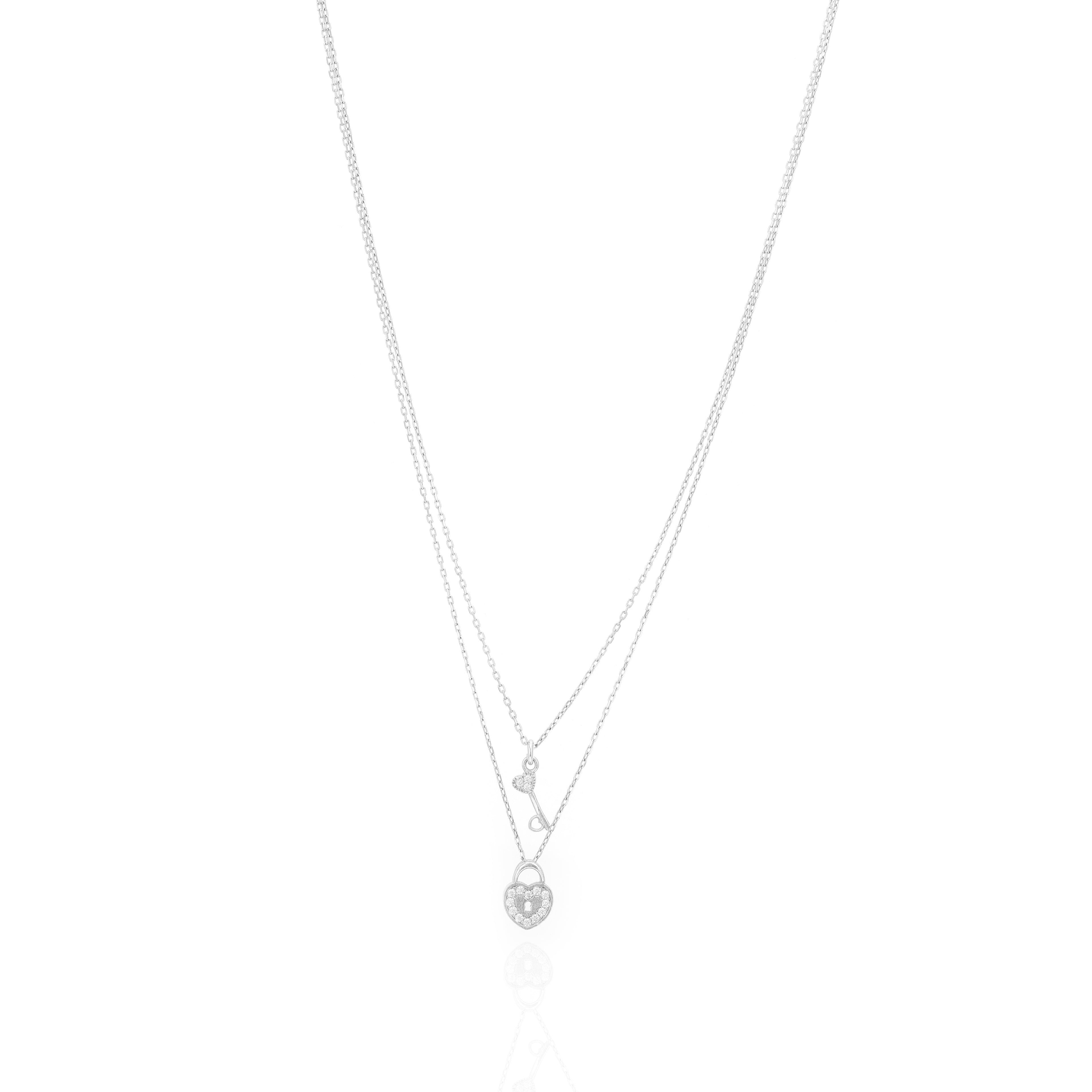 Forever Connected Rhodium Plated Heart & Key Chain Pendants