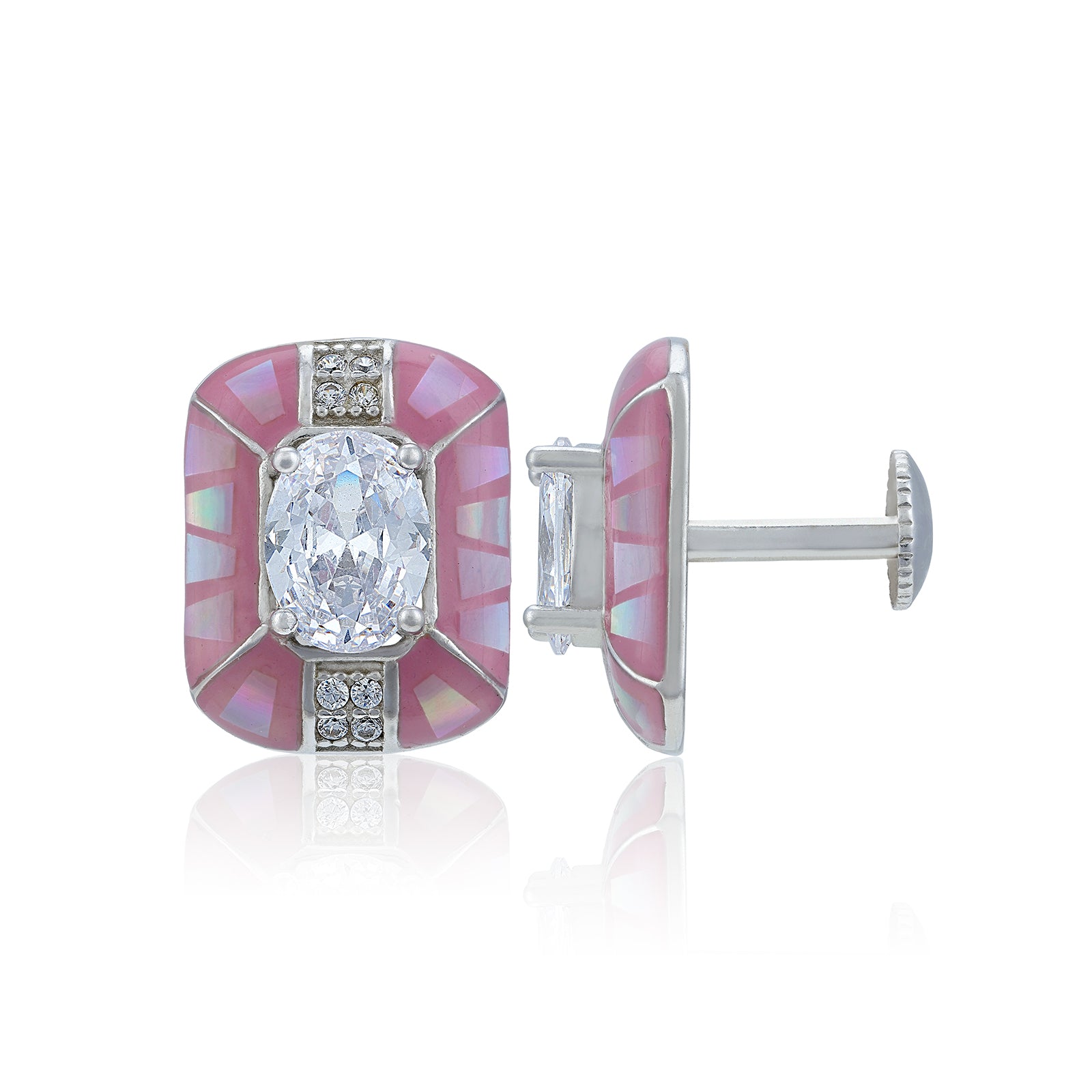 Glamorous Pink Halo Accent 925 Sterling Silver Stud for Women