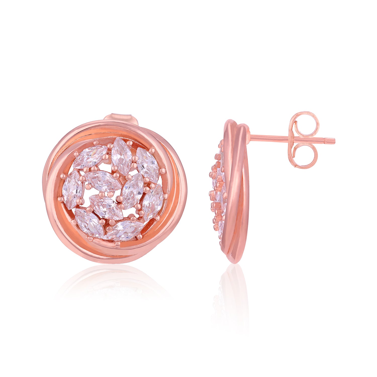 Rose gold earrings with clear gemstones on a white background