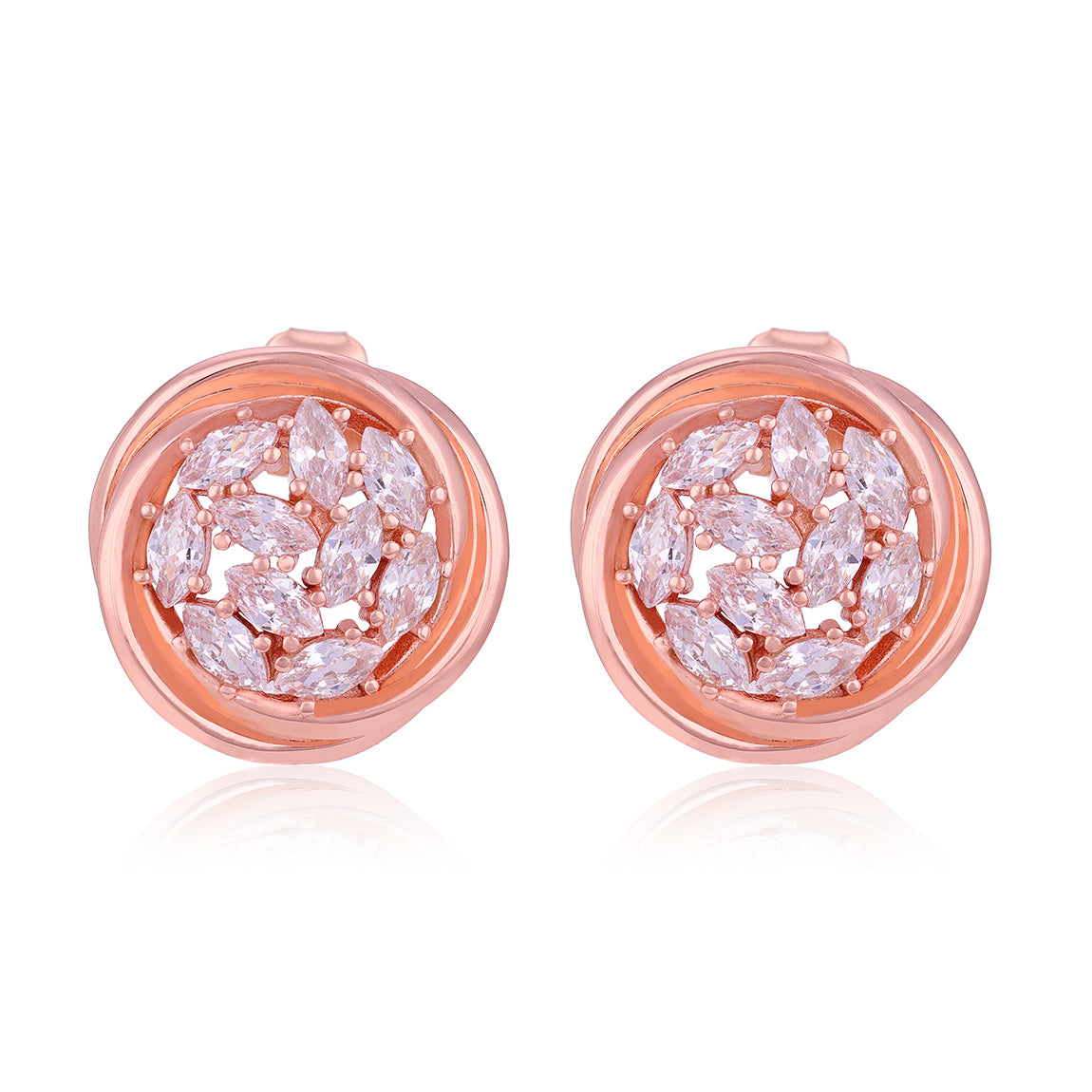Rose gold earrings with diamond-like stones on a white background