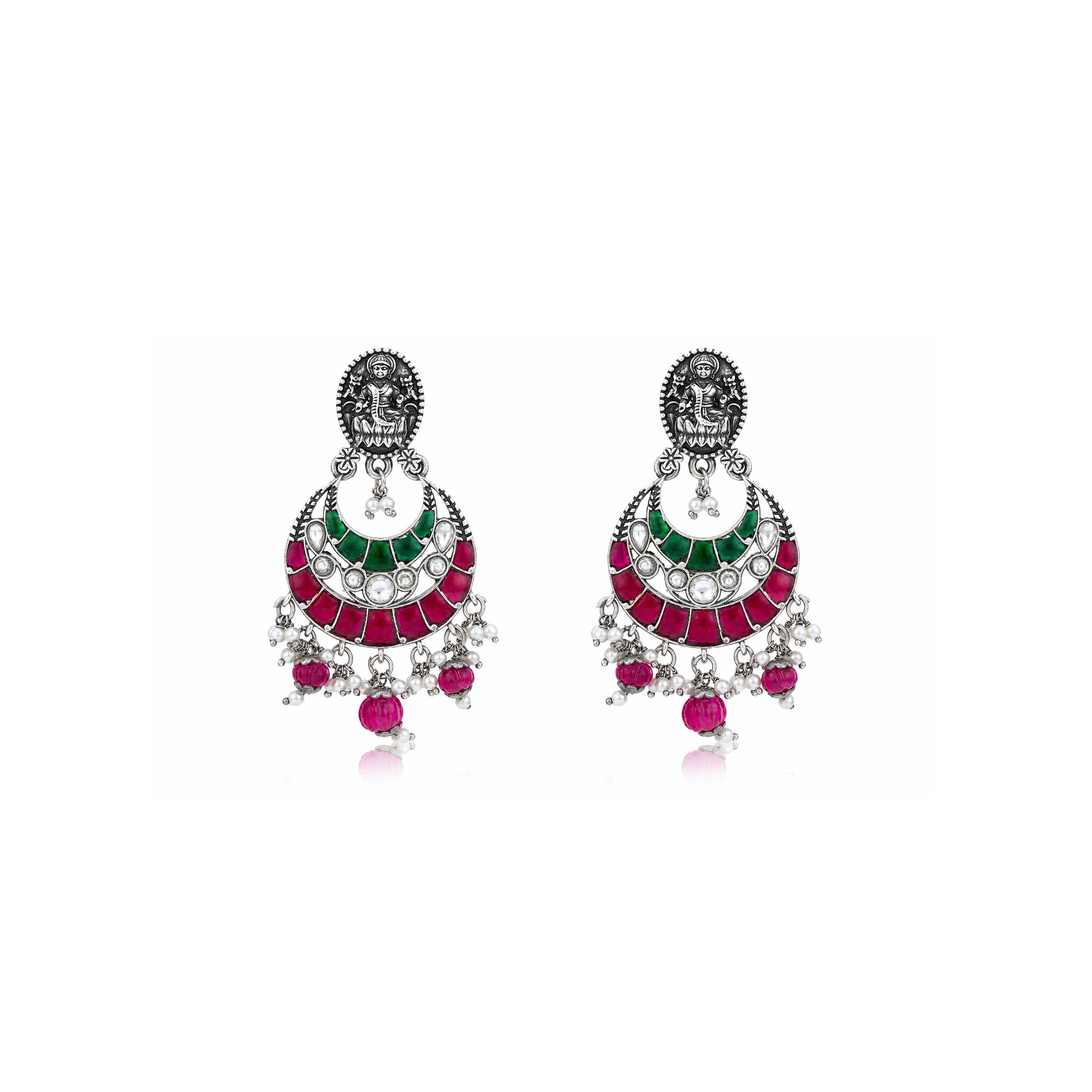 Goddess Lakshmi Oxidized Silver Chandbali Earrings