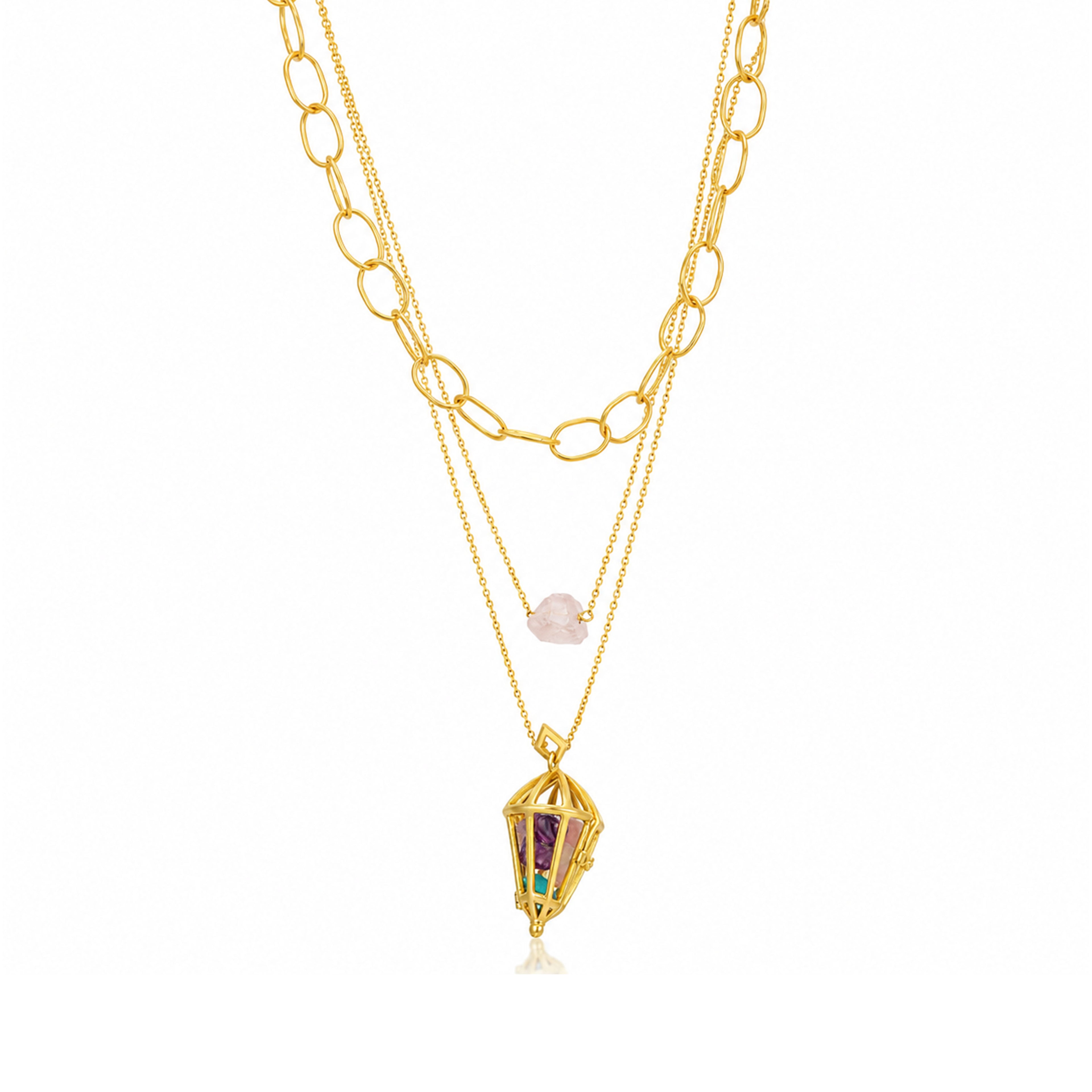Gold Layered Raw Stone Lantern Silver Chain Pendant