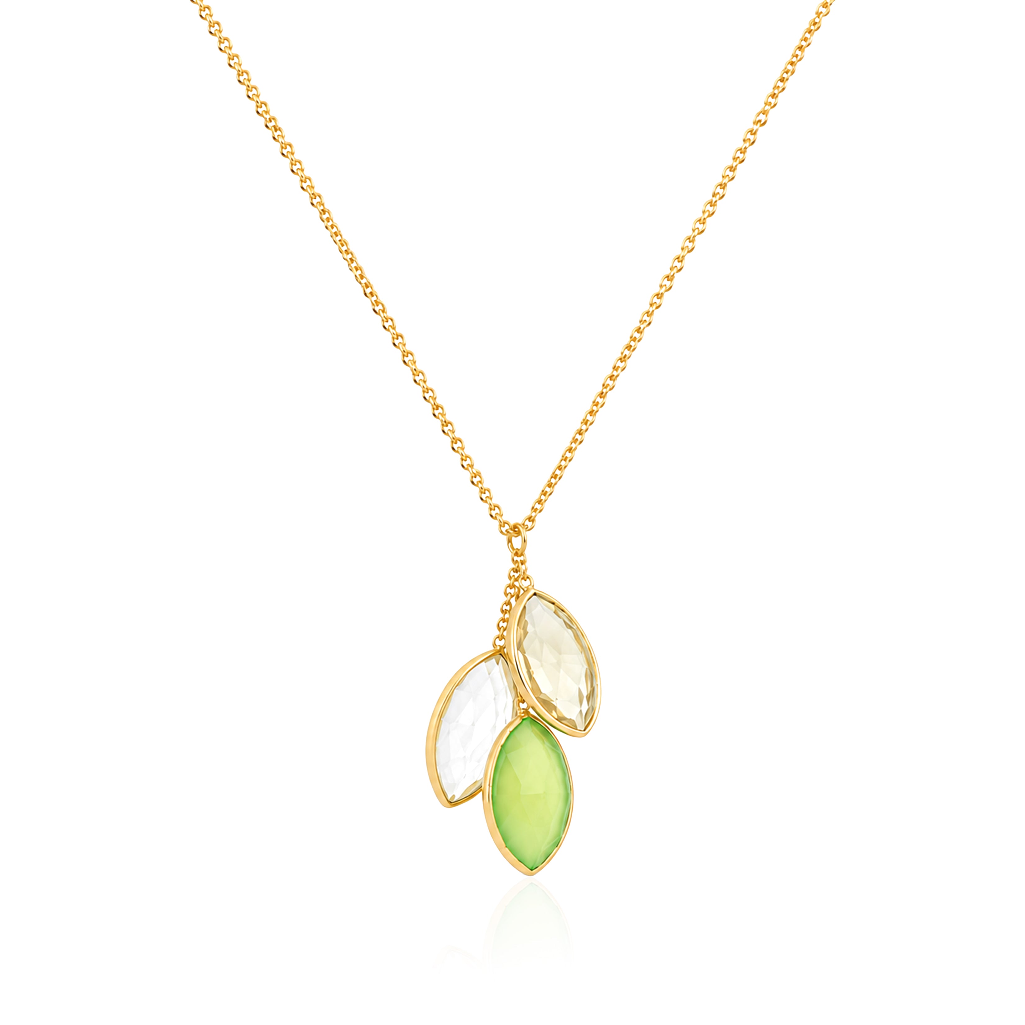 Gold Marquise Triple Green Stone Silver Cluster Pendant Chain