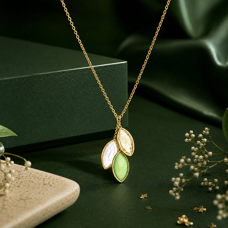 Gold Marquise Triple Green Stone Silver Cluster Pendant Chain