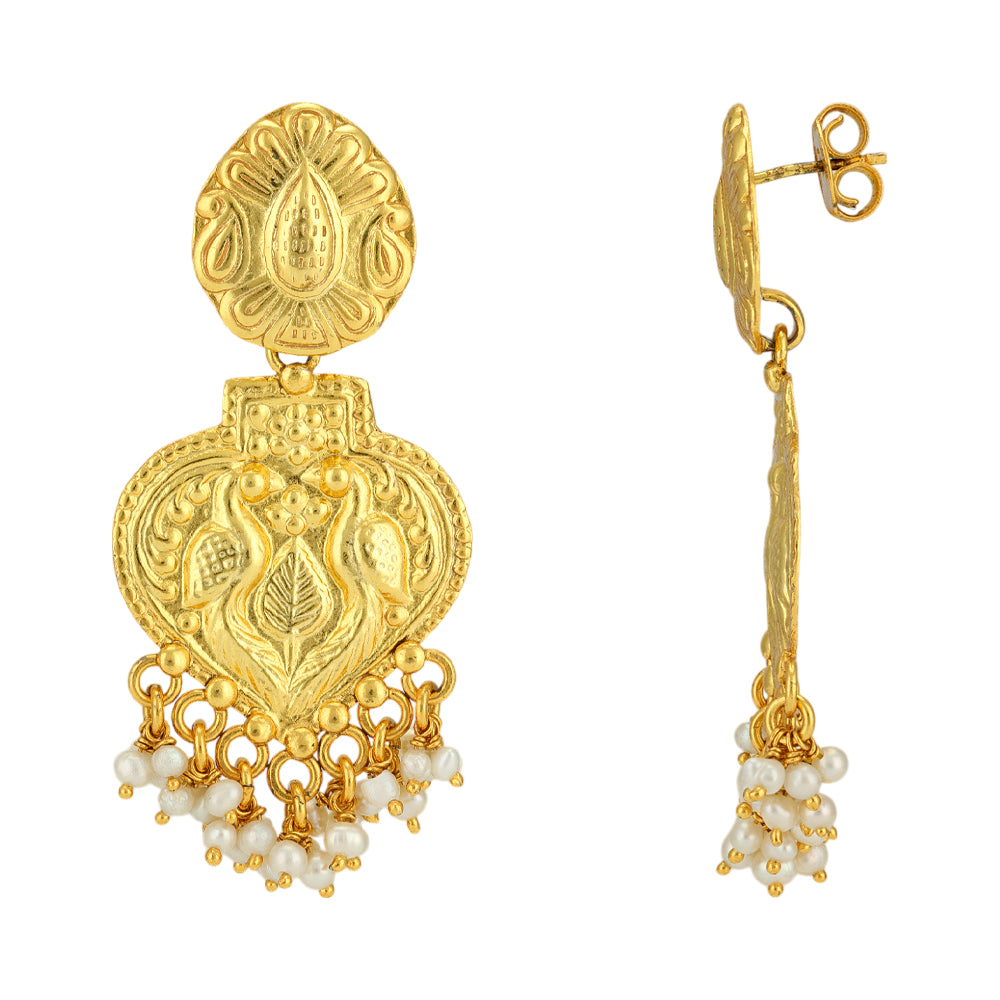 Gold Plated 925 Dual Peacock Vintage Style Pearl Drop Earrings