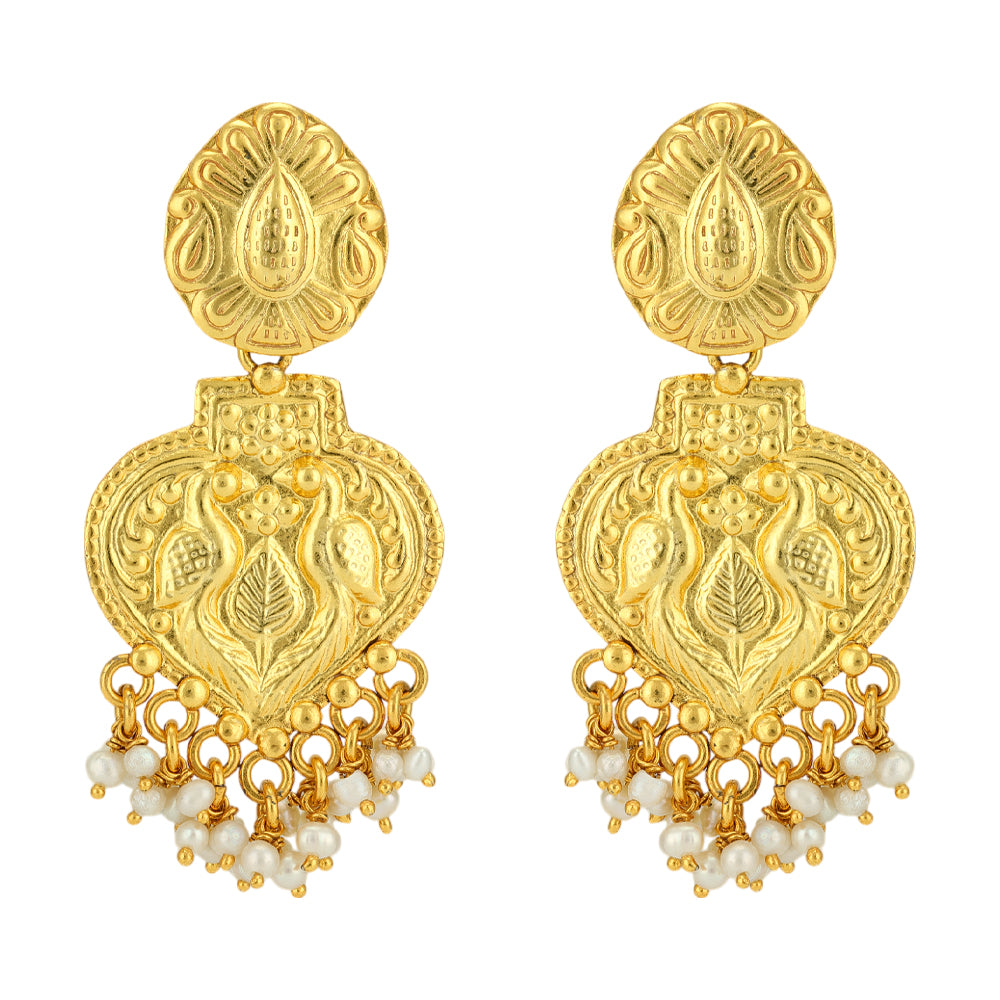 Gold Plated 925 Dual Peacock Vintage Style Pearl Drop Earrings