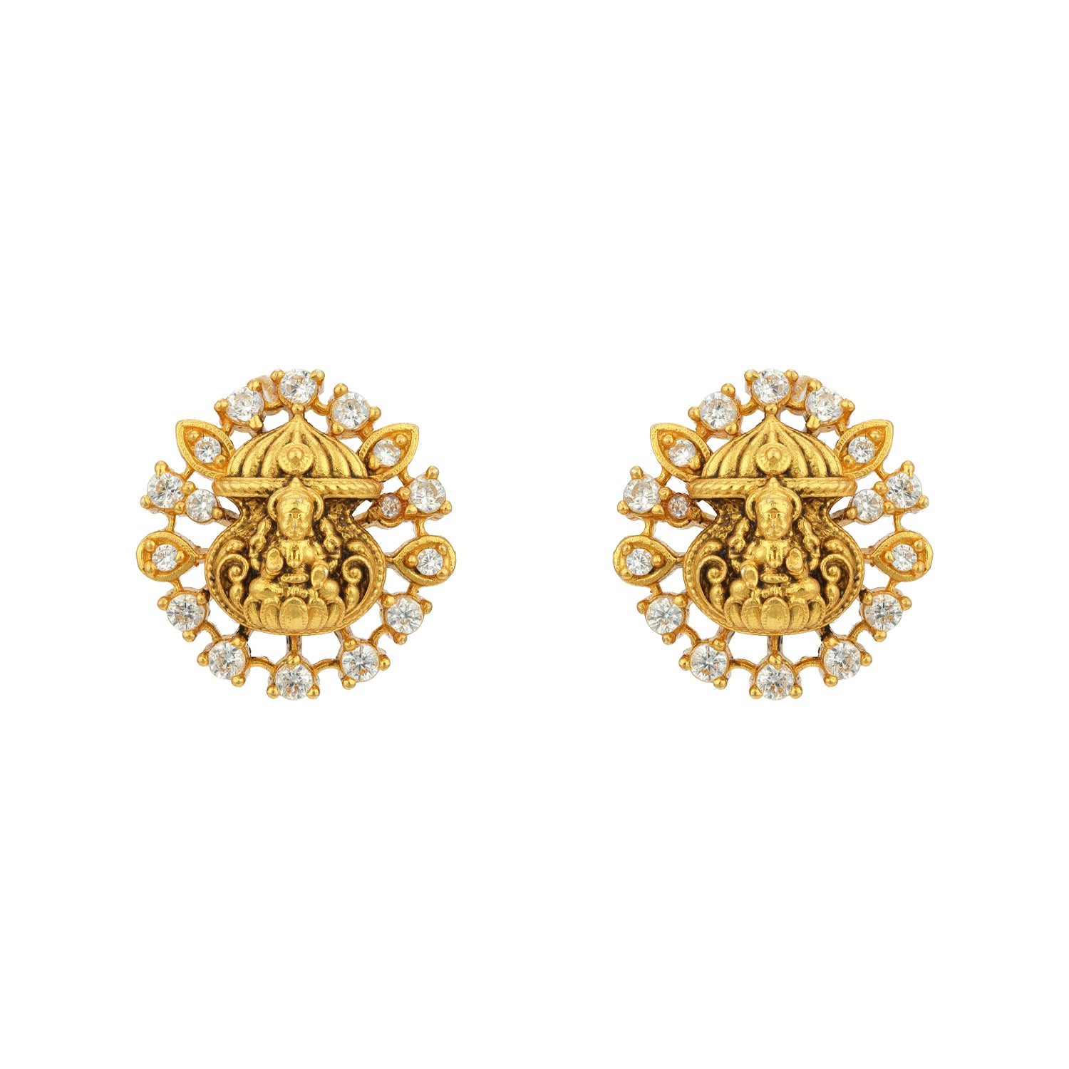 Gold Plated Goddess Lakshmi CZ Circle Frame 925 Sterling Silver Earring for Women