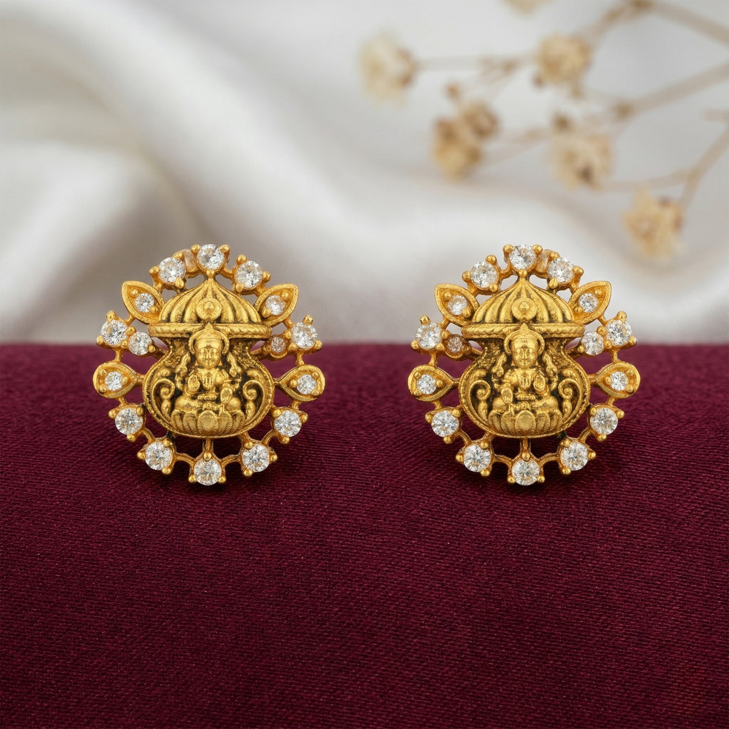Gold Plated Goddess Lakshmi CZ Circle Frame 925 Sterling Silver Earring for Women