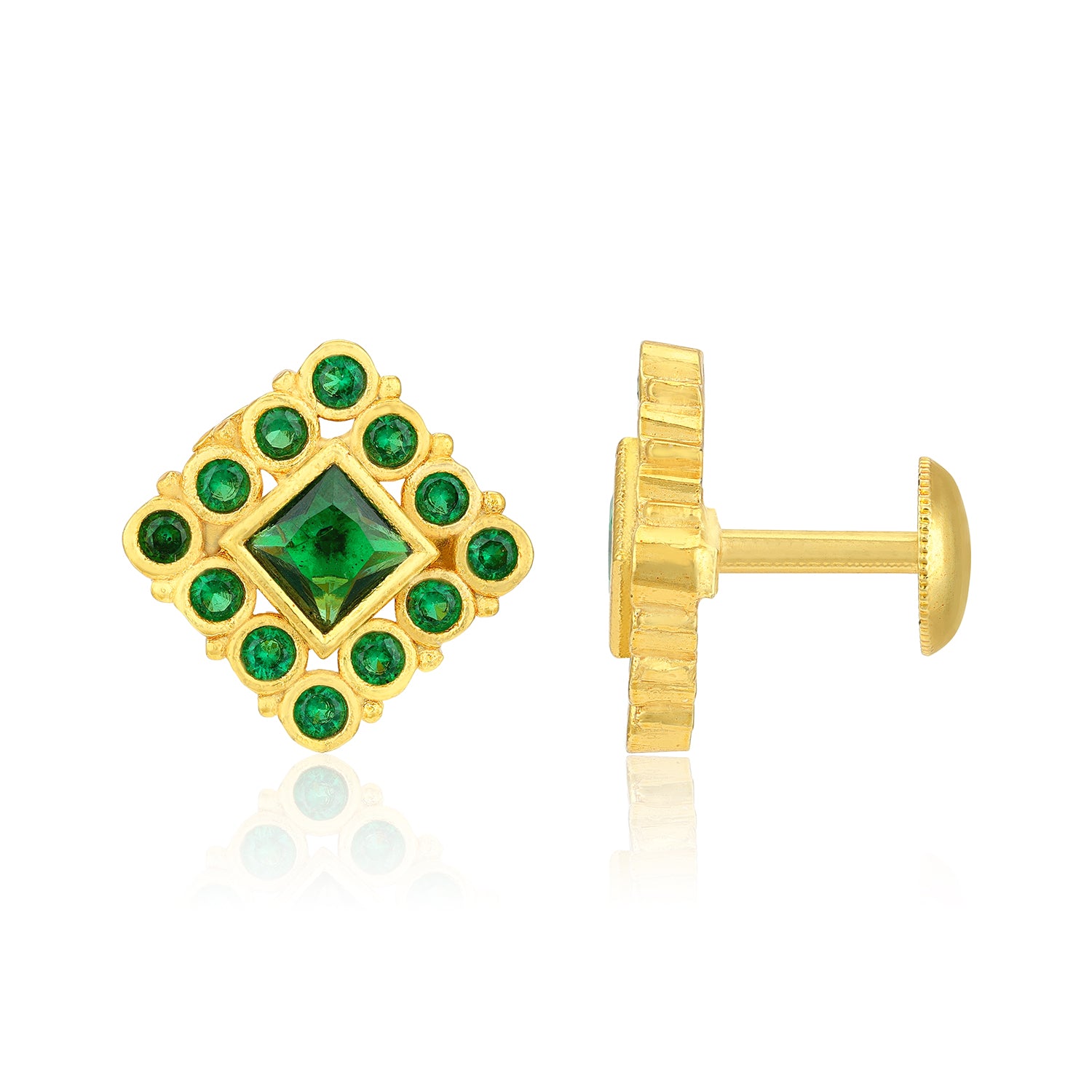 Gold Plated Green Stone Square Pattern 925 Sterling Silver Stud for Women