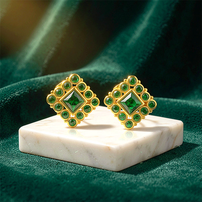 Gold Plated Green Stone Square Pattern 925 Sterling Silver Stud for Women