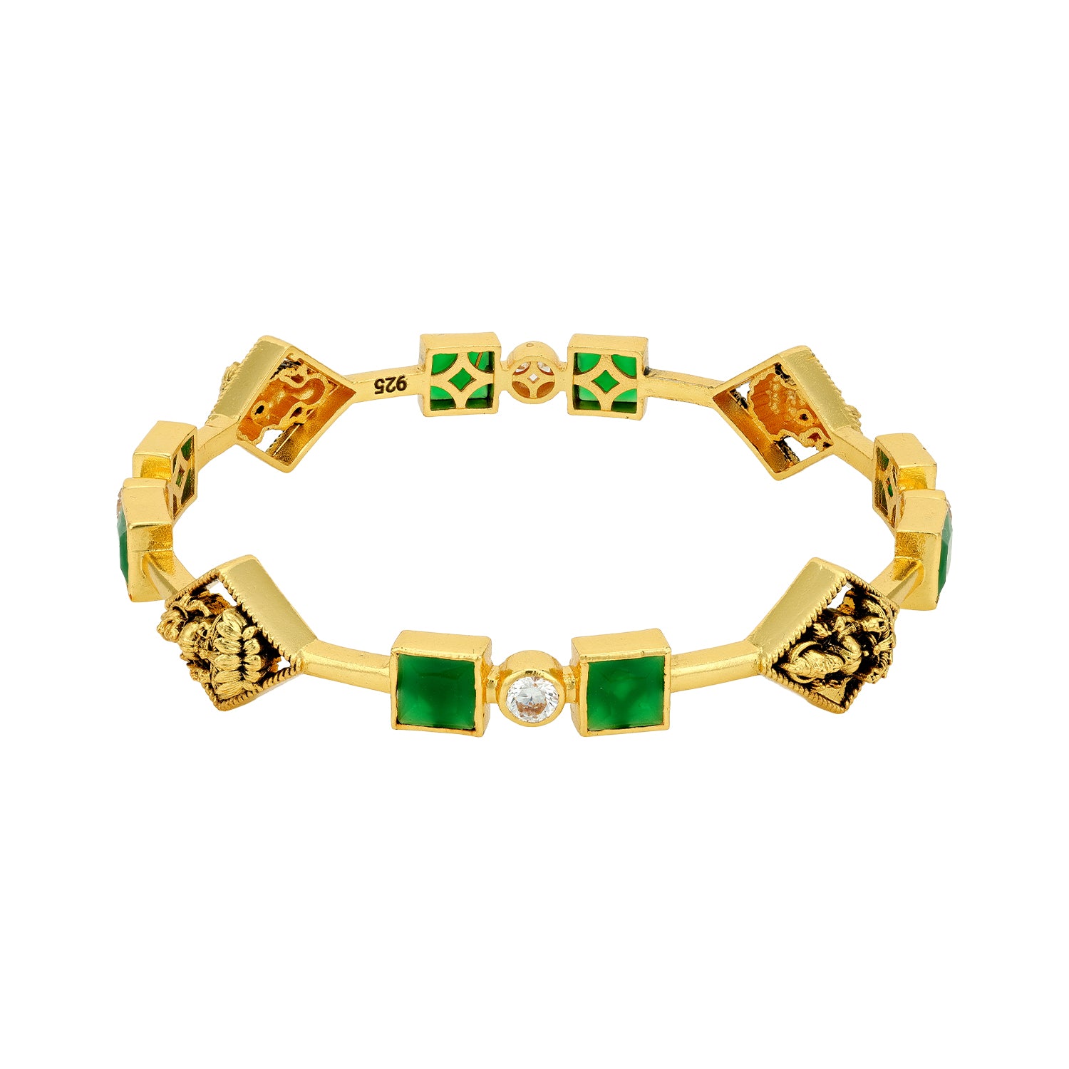 Golden Goddess Lakshmi Embedded 925 Sterling Silver Green Stone Bangle for Women