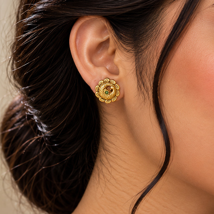 Golden Green Stone Peacock Motif 925 Sterling Silver Stud for Women