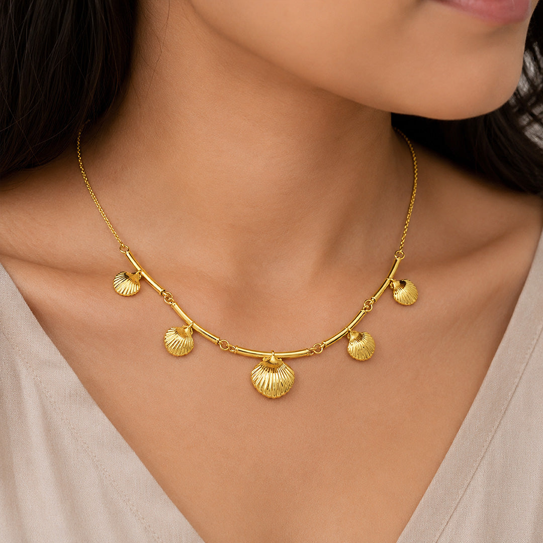 Golden Seashell Cascade Elegant Coastal Designer Statement Necklace
