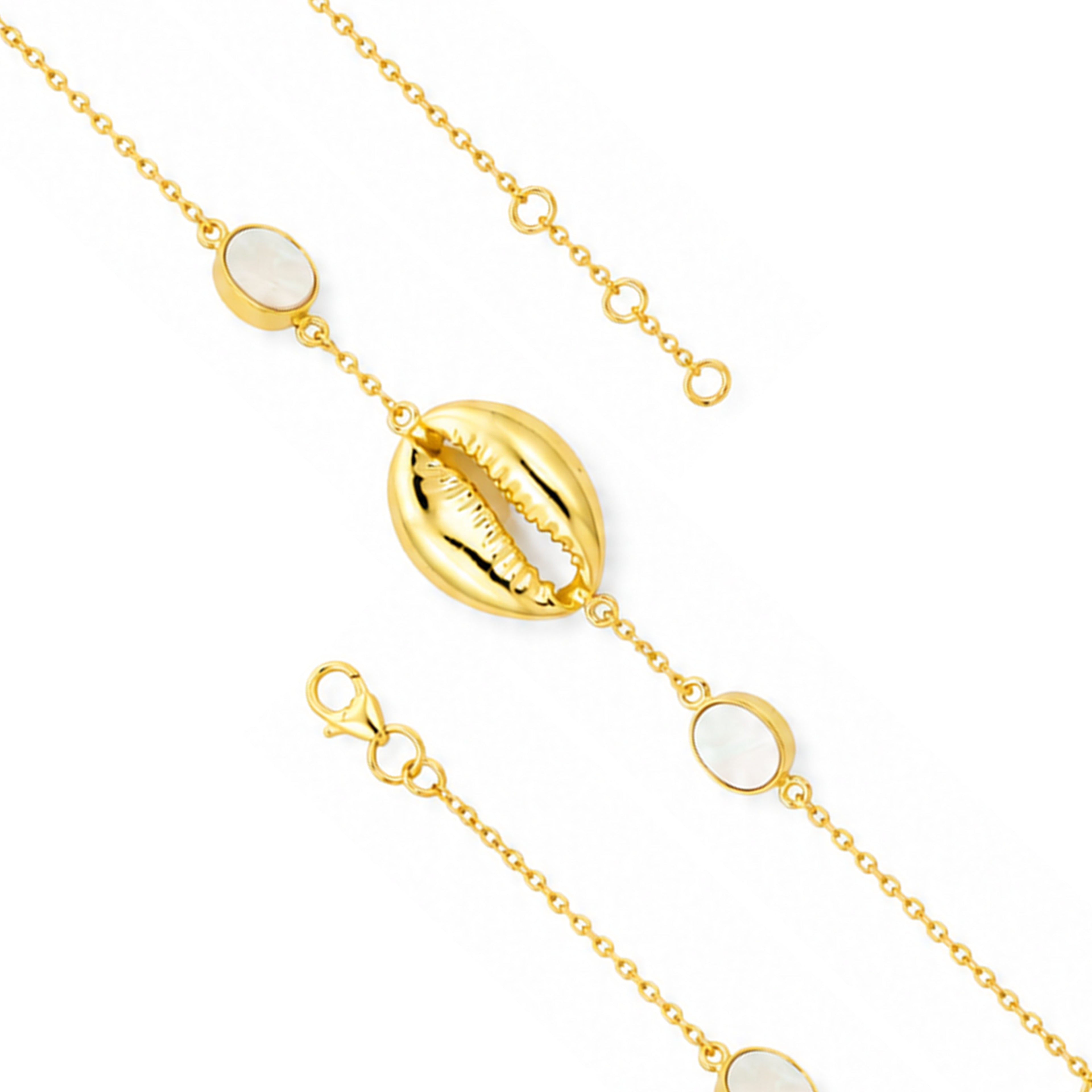 Golden Cowrie Shell Pearl Accent Designer Chain Bracelet