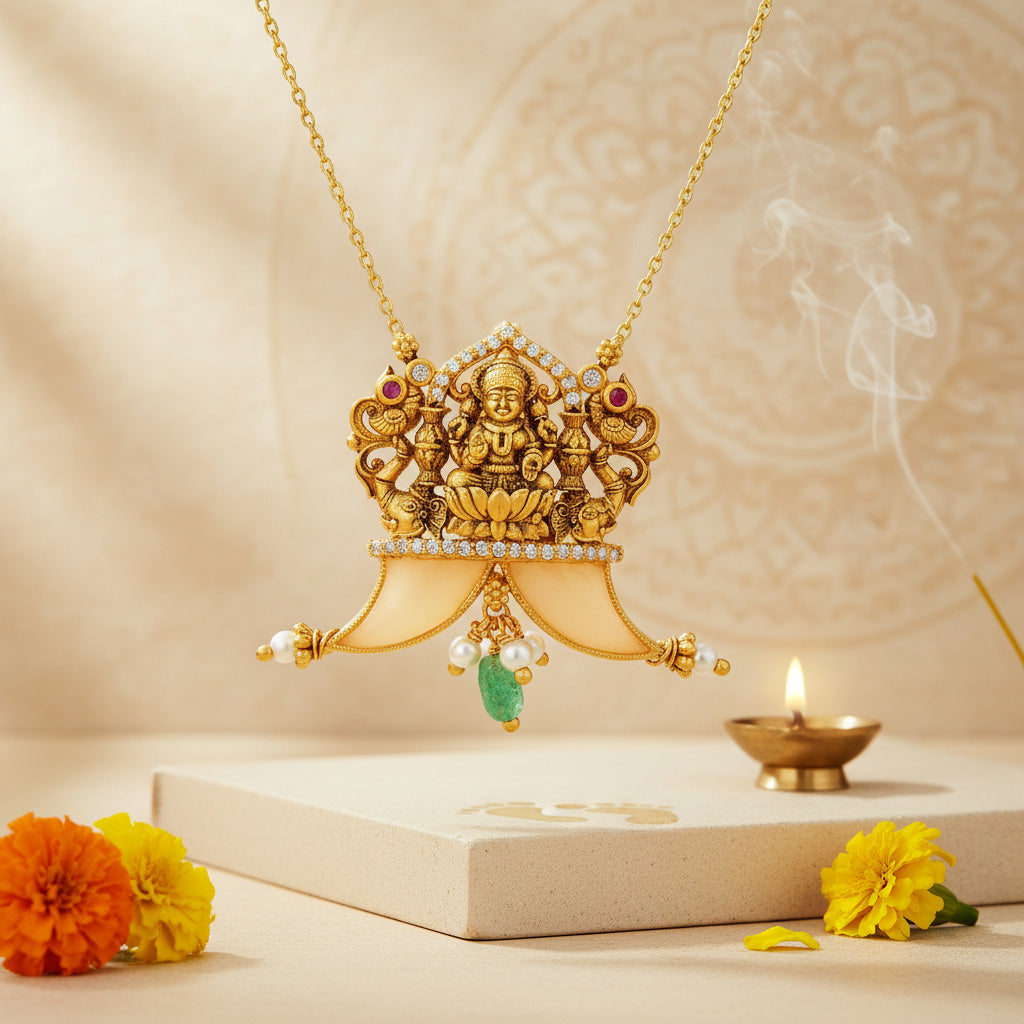 Golden Divine Lakshmi Puligoru Temple 925 Sterling Silver Pendant for Women