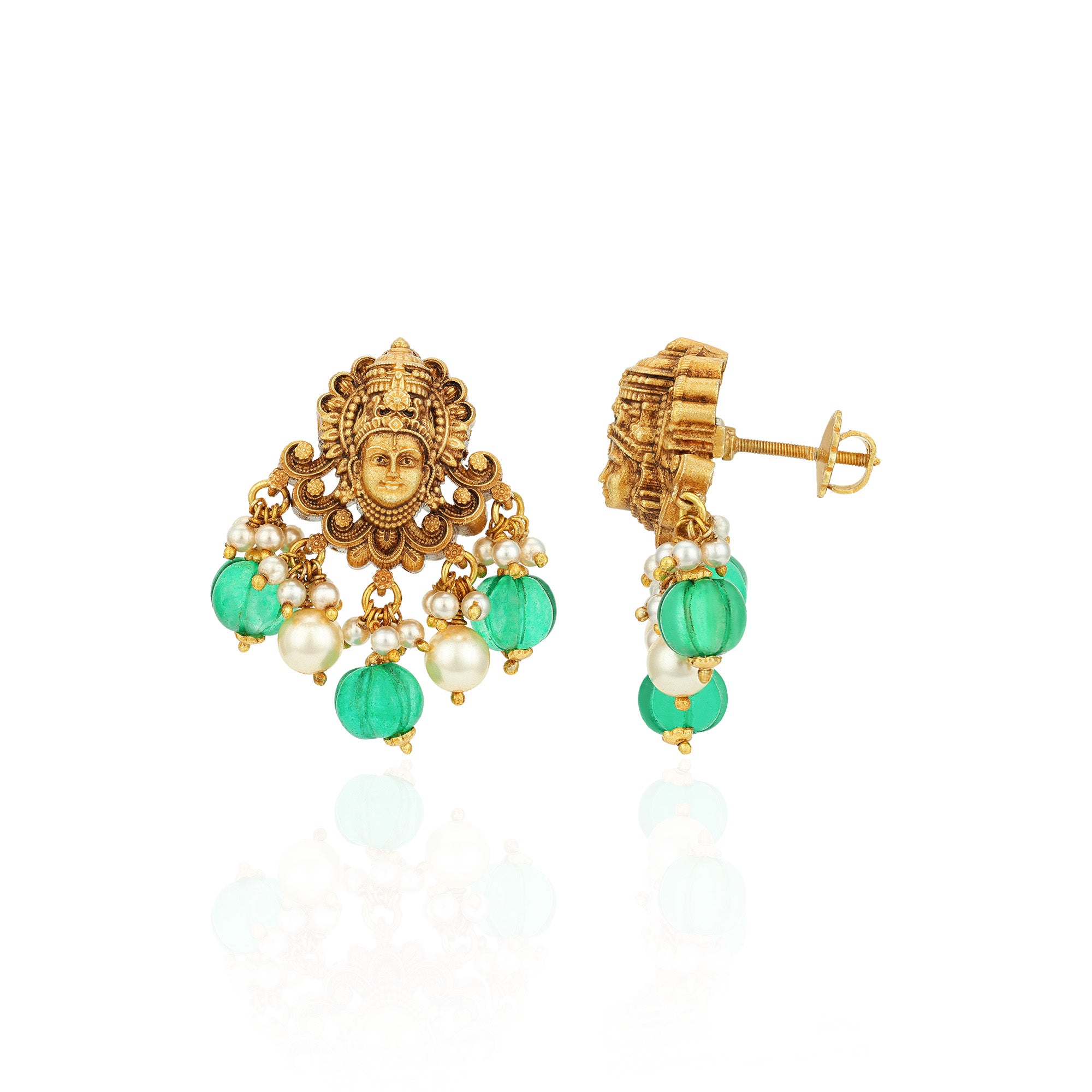 Golden Divine Venkateswara Motif 925 Sterling Silver Pearl Green Drop Earring for Women
