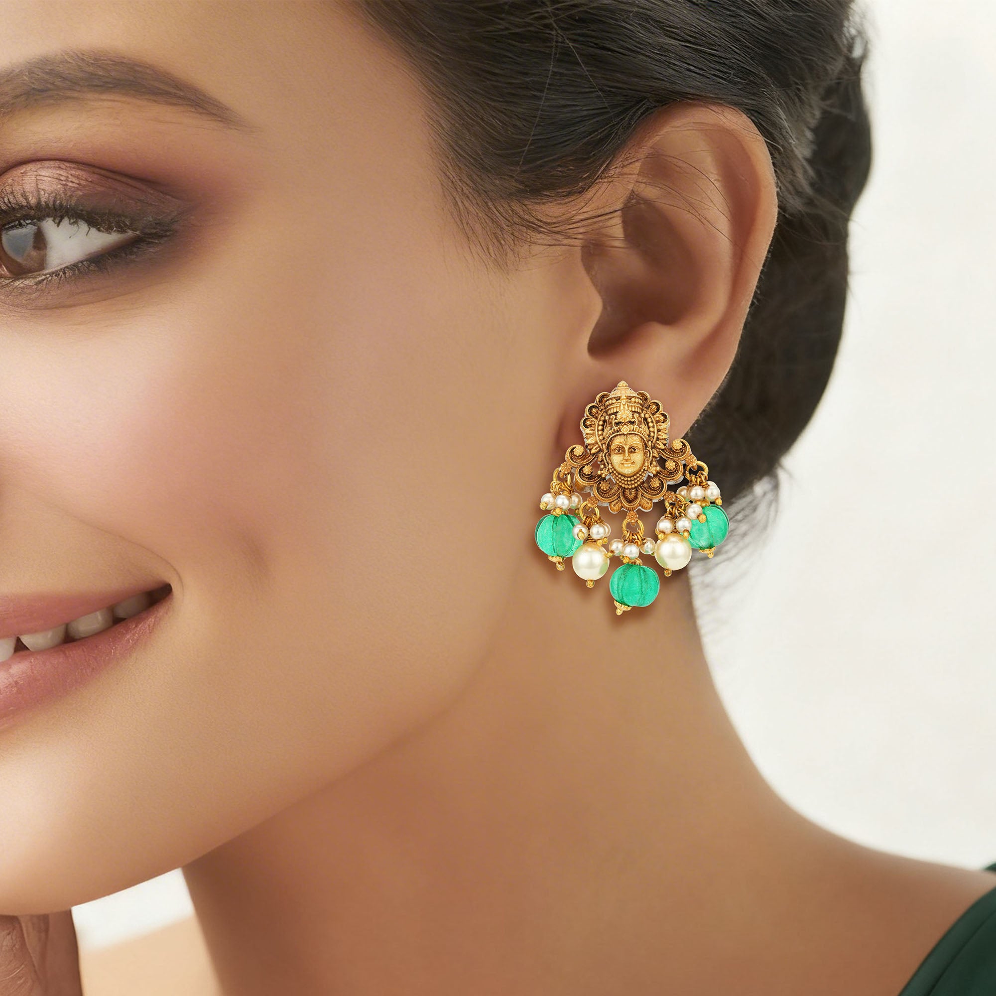 Golden Divine Venkateswara Motif 925 Sterling Silver Pearl Green Drop Earring for Women