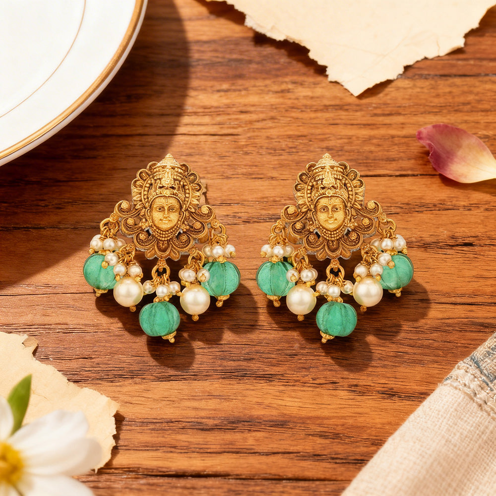 Golden Divine Venkateswara Motif 925 Sterling Silver Pearl Green Drop Earring for Women