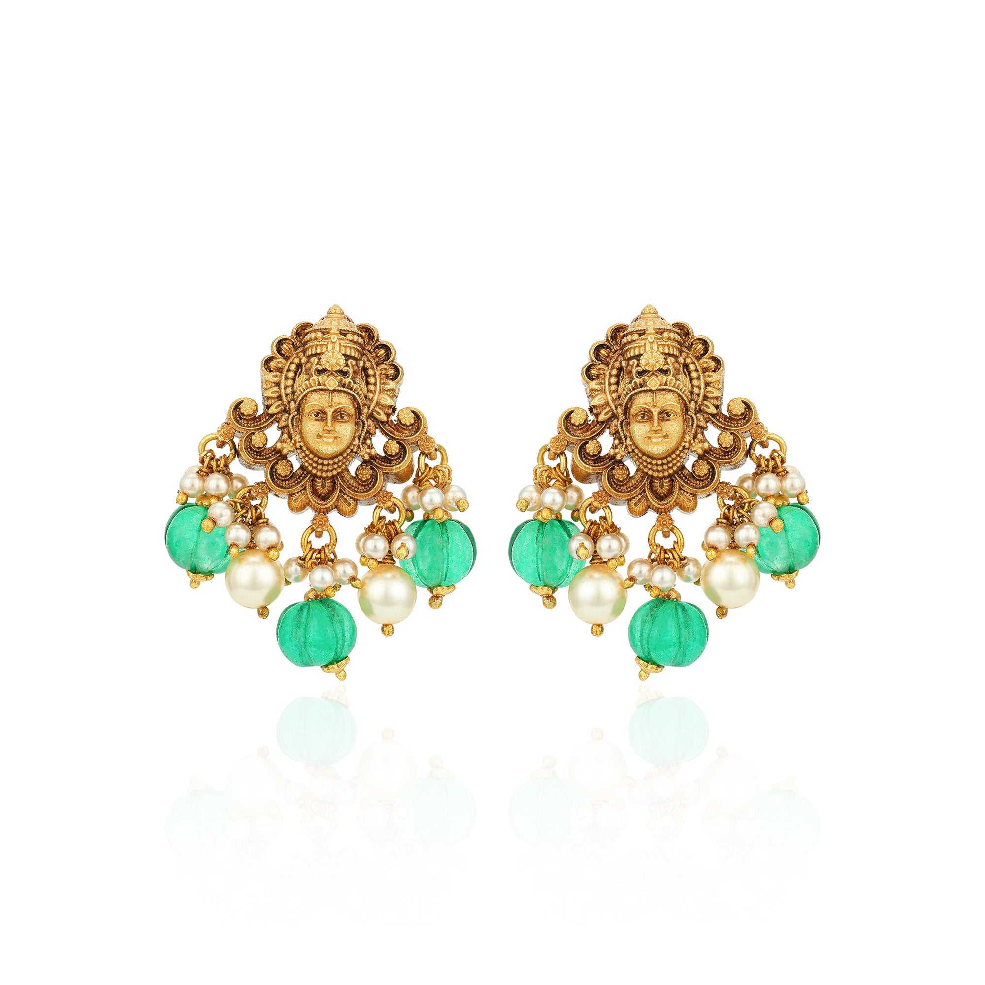 Golden Divine Venkateswara Motif 925 Sterling Silver Pearl Green Drop Earring for Women