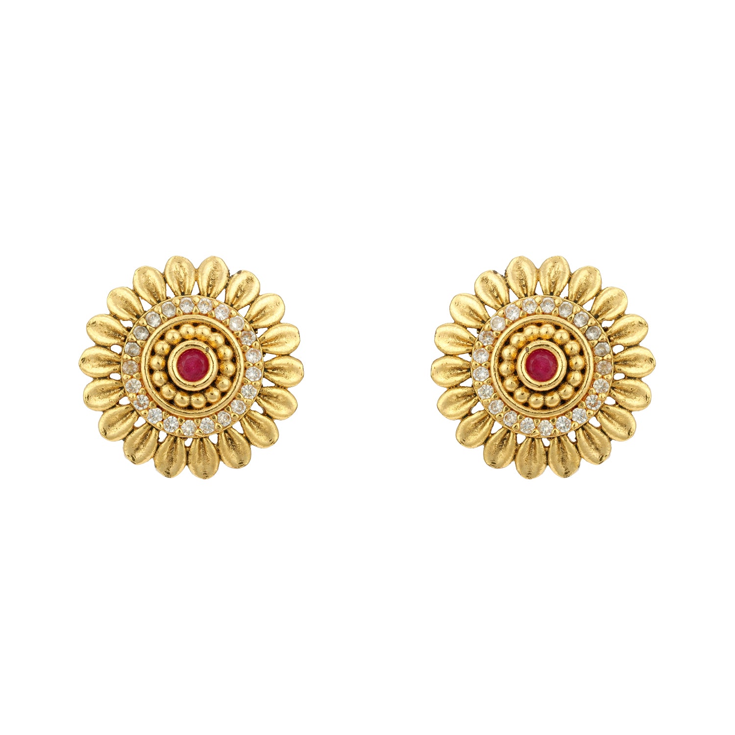 Golden Floral Pink Halo 925 Sterling Silver Stud for Women