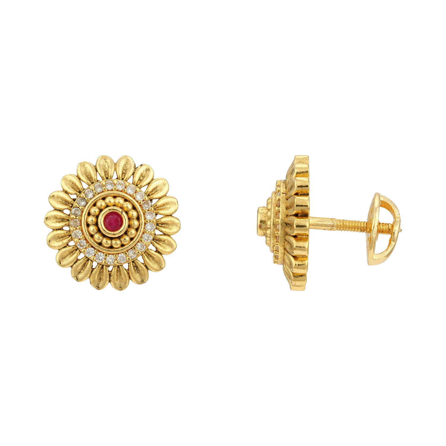 Golden Floral Pink Halo 925 Sterling Silver Stud for Women