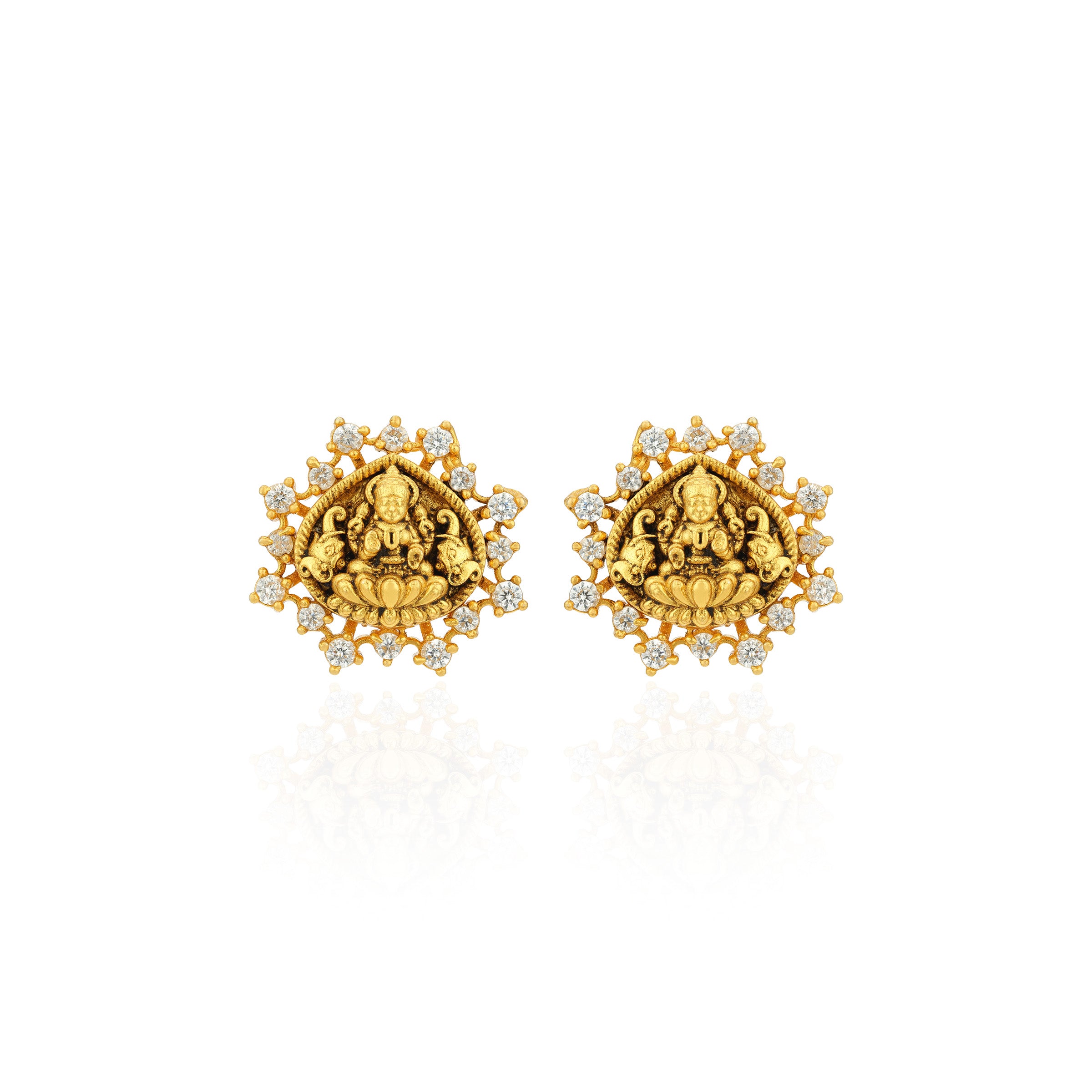 Golden Gaja Lakshmi Lotus CZ Frame 925 Sterling Silver Temple Earrings for Women