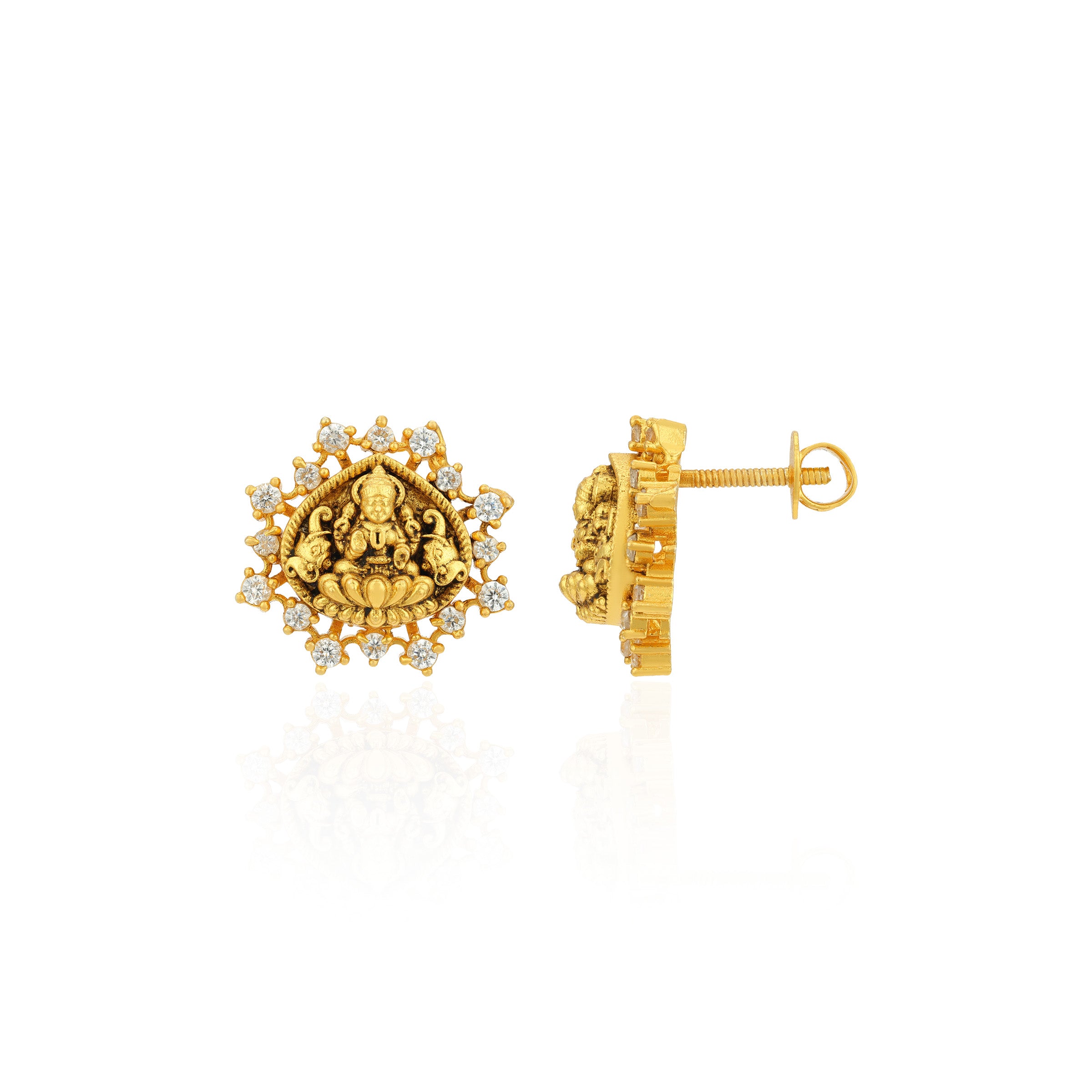 Golden Gaja Lakshmi Lotus CZ Frame 925 Sterling Silver Temple Earrings for Women