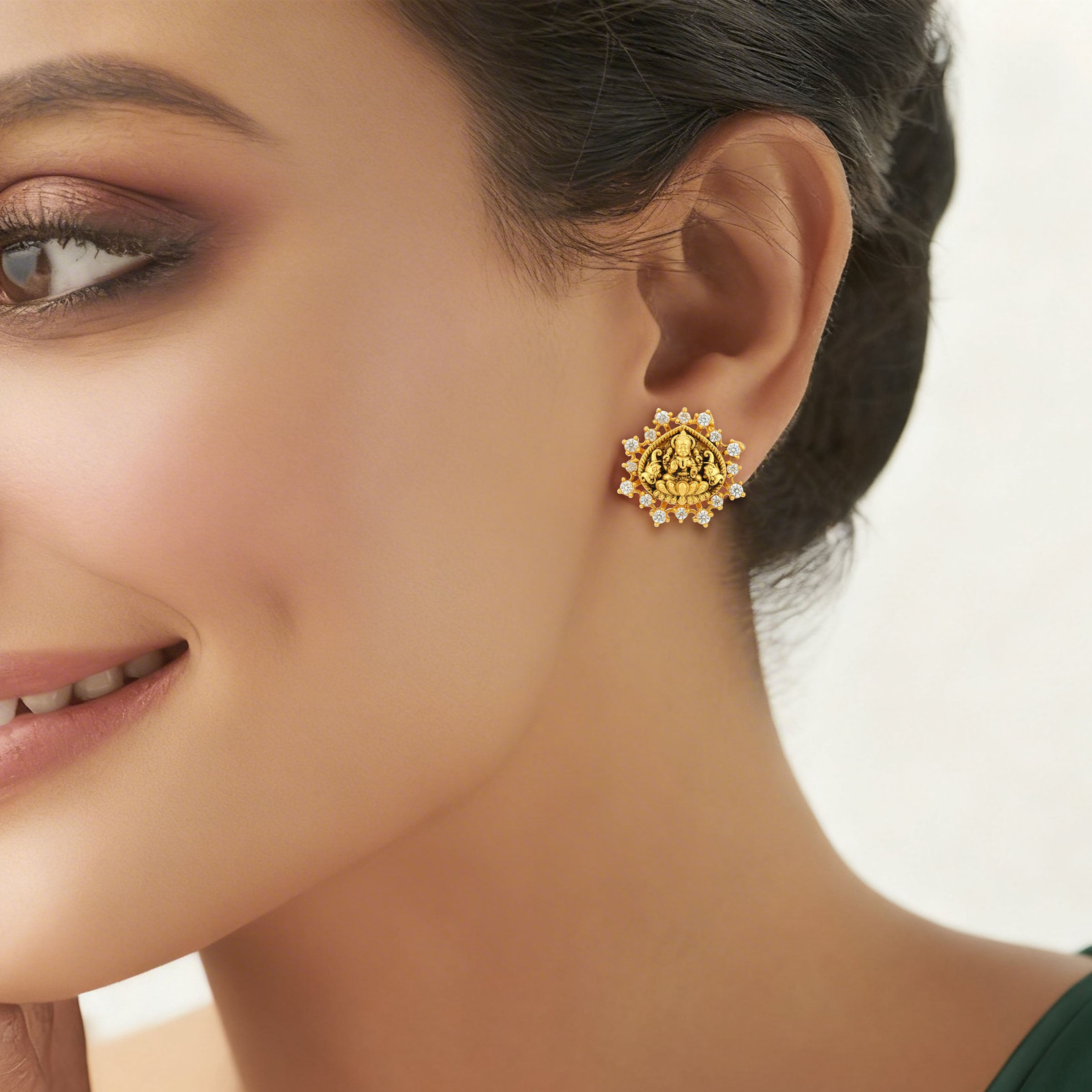 Golden Gaja Lakshmi Lotus CZ Frame 925 Sterling Silver Temple Earrings for Women