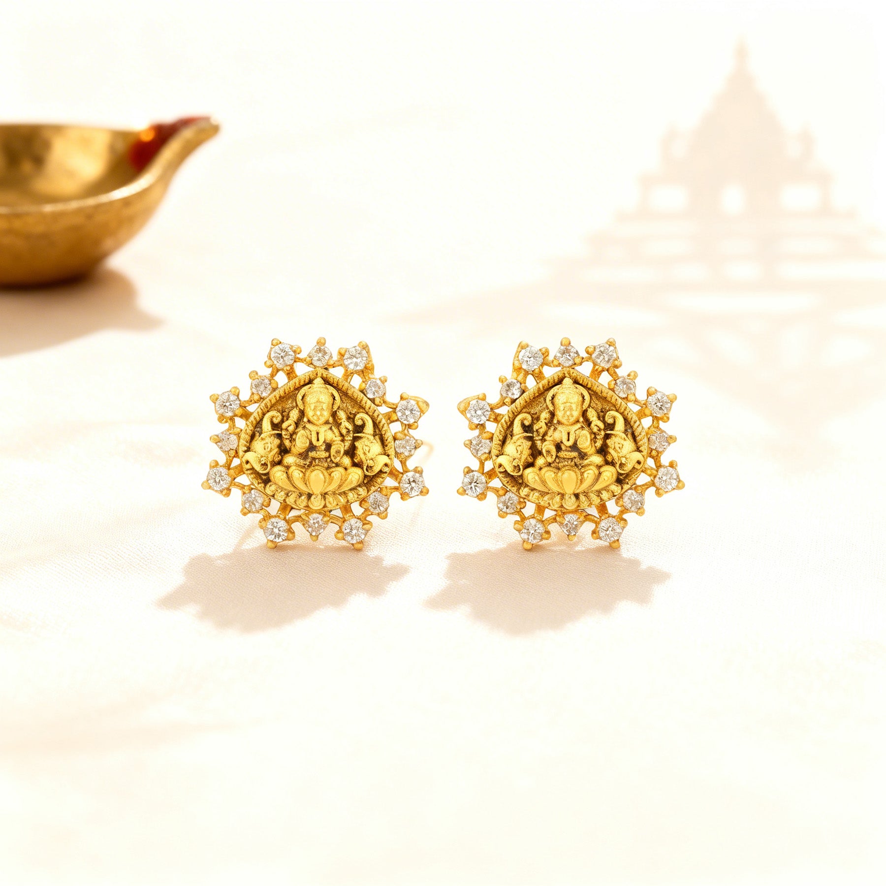 Golden Gaja Lakshmi Lotus CZ Frame 925 Sterling Silver Temple Earrings for Women