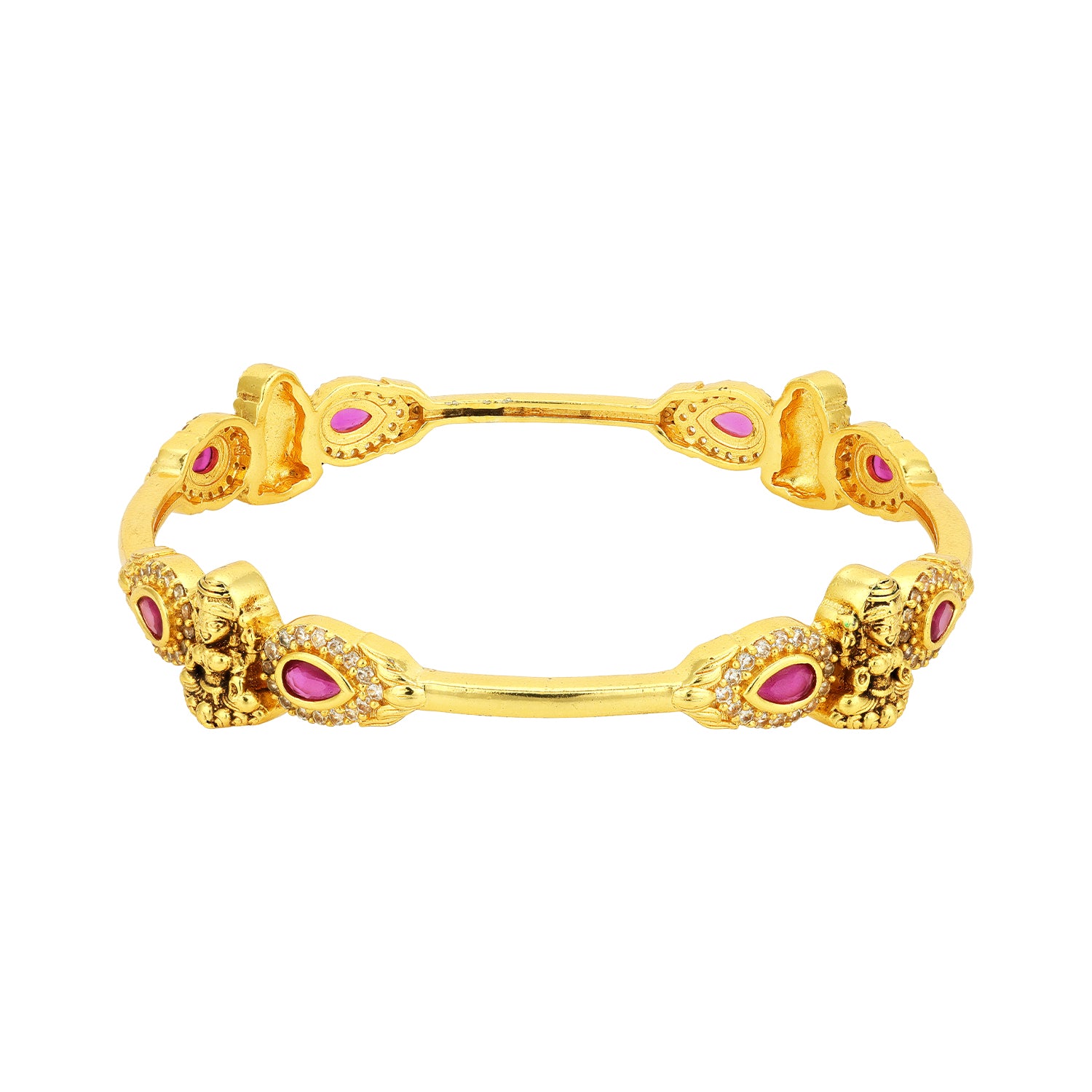 Golden Goddess Lakshmi Embedded Twin Pink Stone 925 Sterling Silver Bangle for Women