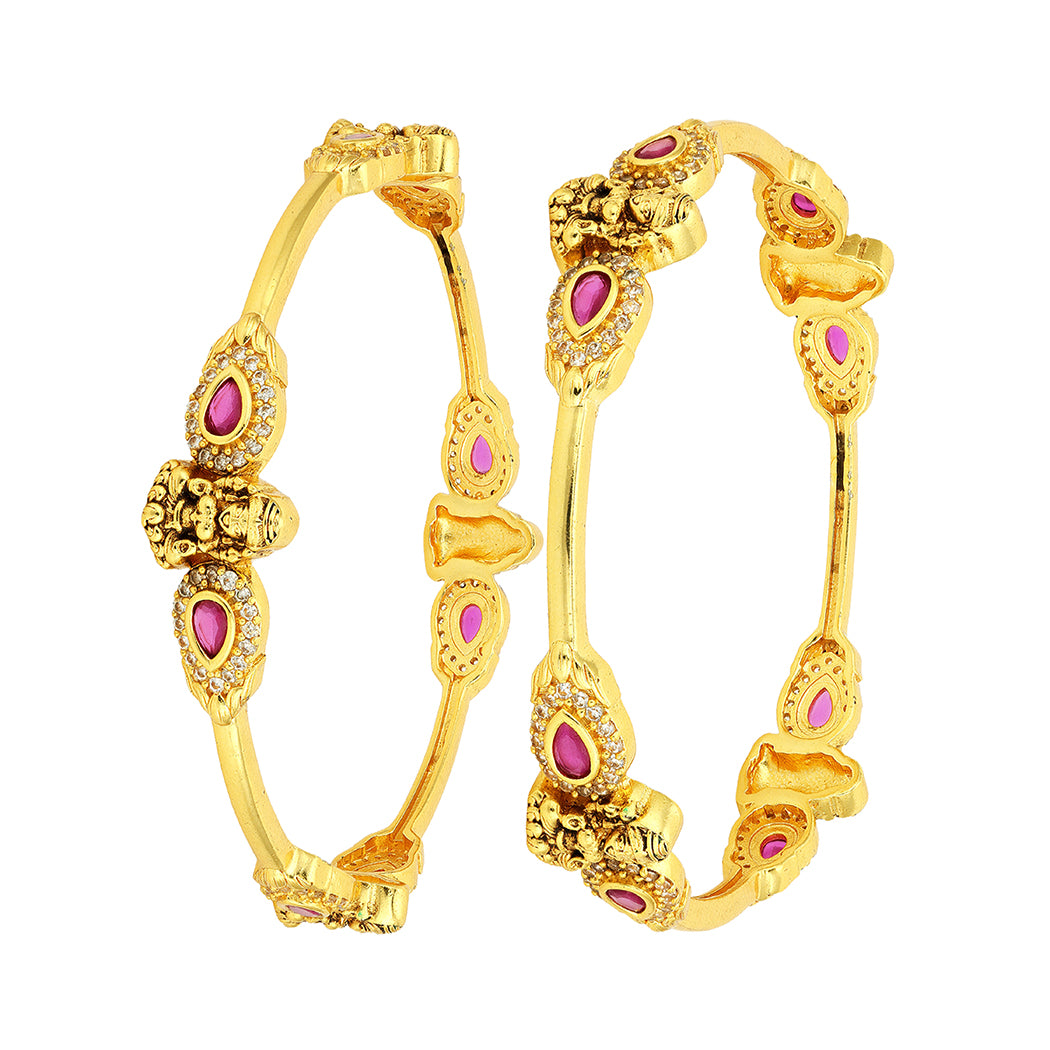Golden Goddess Lakshmi Embedded Twin Pink Stone 925 Sterling Silver Bangle for Women