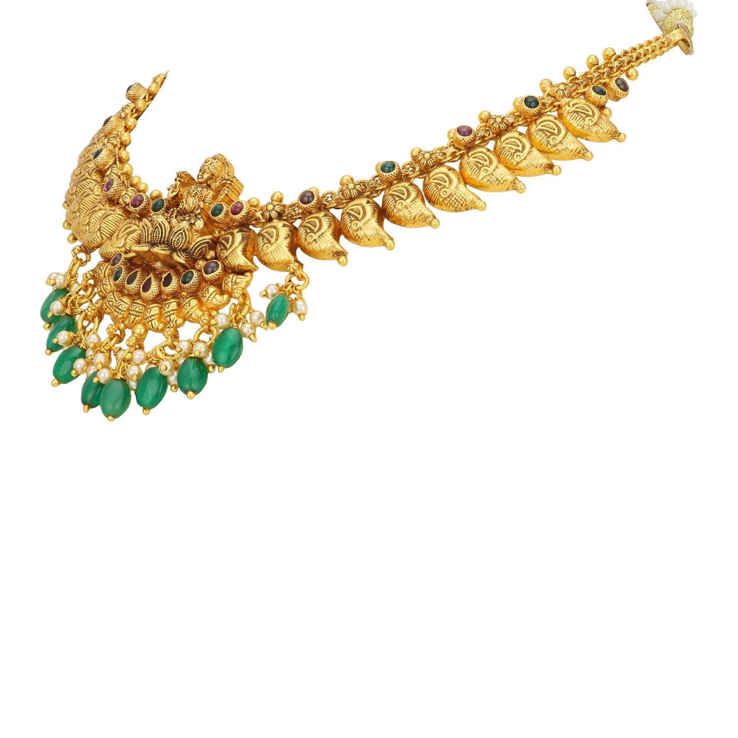 Golden Goddess Lakshmi Motif 925 Sterling Silver Green Drop Necklace for Women