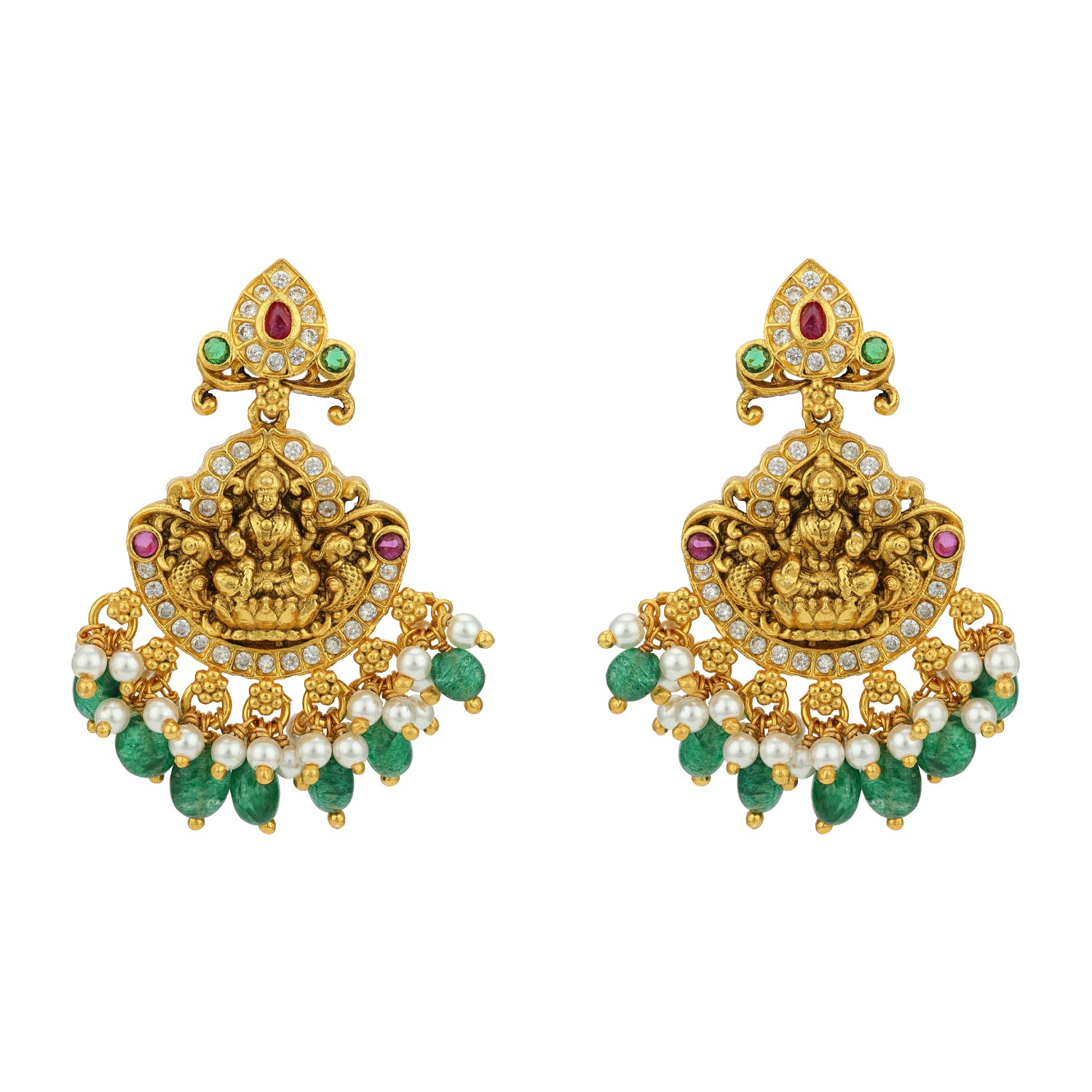 Golden Goddess Lakshmi Peacock Dangle 925 Sterling Silver Green Bead Drop Earring for Women