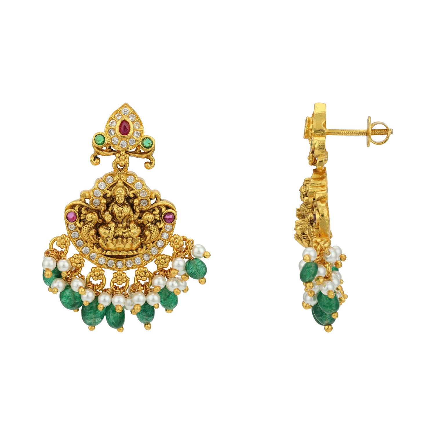 Golden Goddess Lakshmi Peacock Dangle 925 Sterling Silver Green Bead Drop Earring for Women