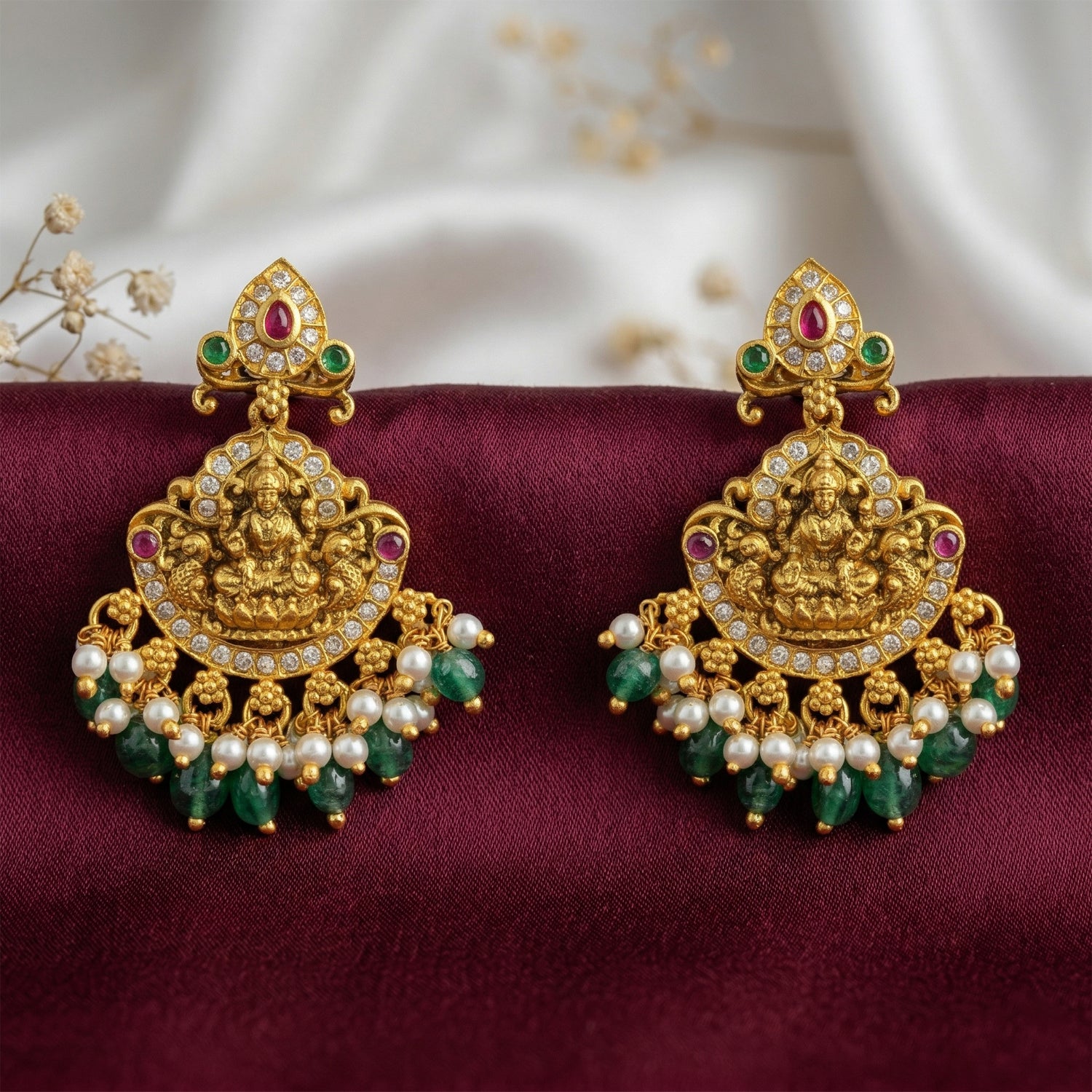 Golden Goddess Lakshmi Peacock Dangle 925 Sterling Silver Green Bead Drop Earring for Women
