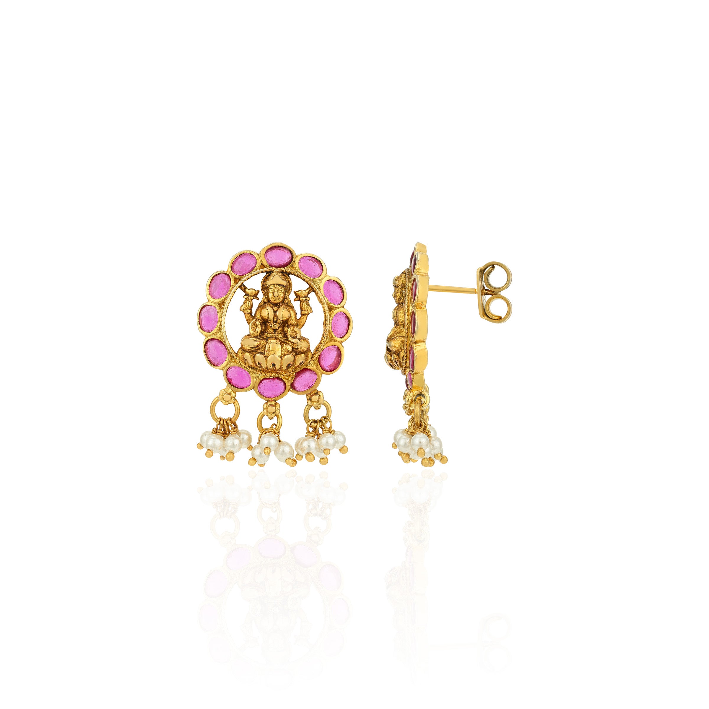Golden Goddess Lakshmi Pink Sphere Frame 925 Sterling Silver Pearl Drop Earring for Women