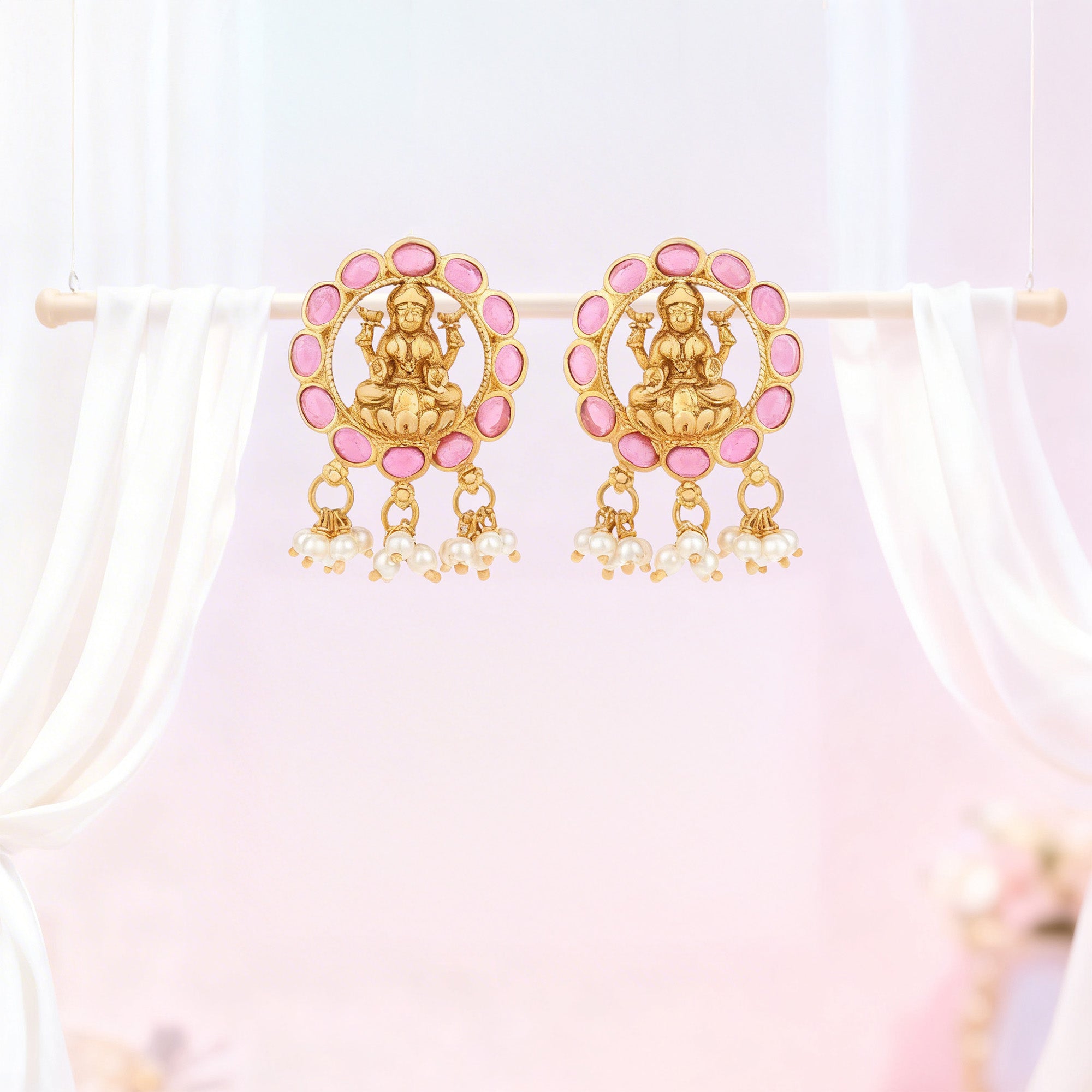 Golden Goddess Lakshmi Pink Sphere Frame 925 Sterling Silver Pearl Drop Earring for Women