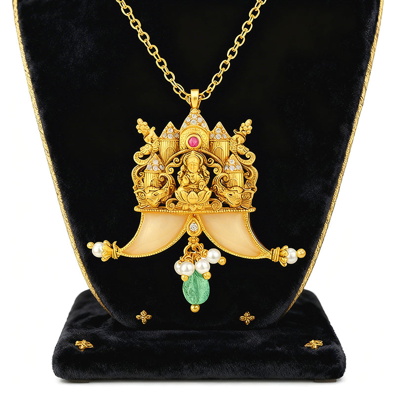 Golden Goddess Lakshmi Ratha Motif 925 Sterling Silver Pearl Drop Pendant for Women