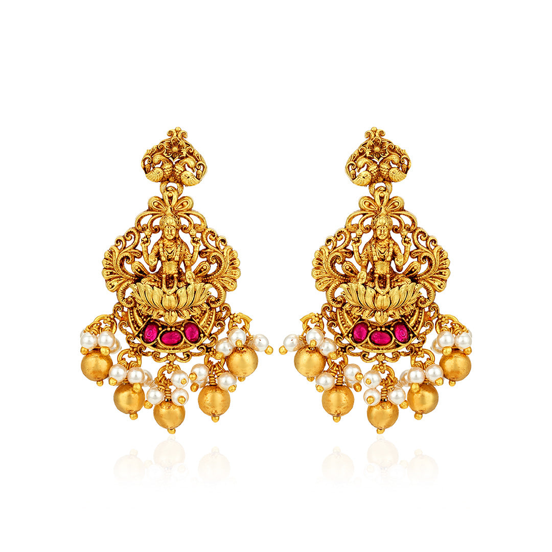Golden Goddess Lakshmi Seated on Lotus Pink Stone 925 Sterling Silver Gold Drop Earring for Women