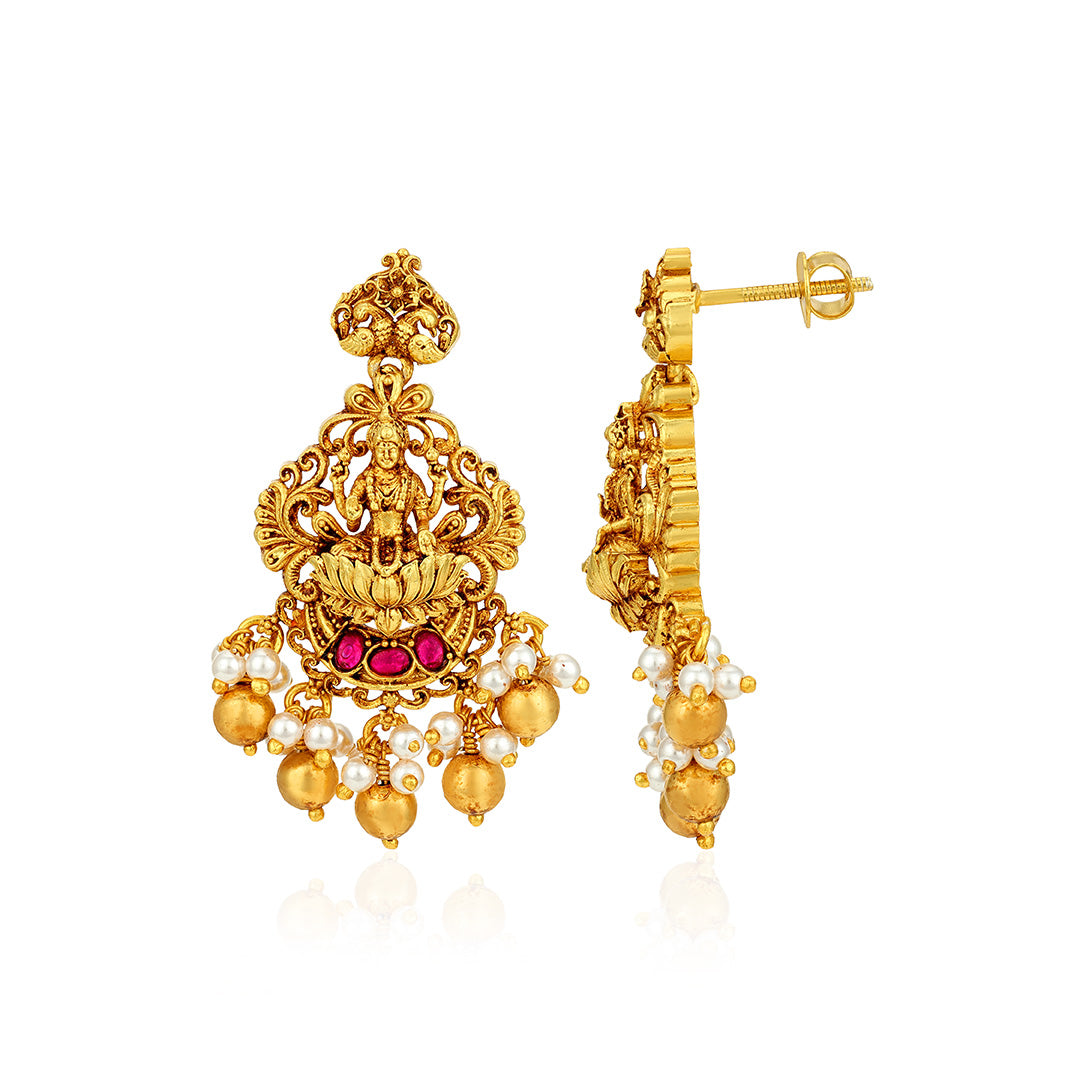 Golden Goddess Lakshmi Seated on Lotus Pink Stone 925 Sterling Silver Gold Drop Earring for Women