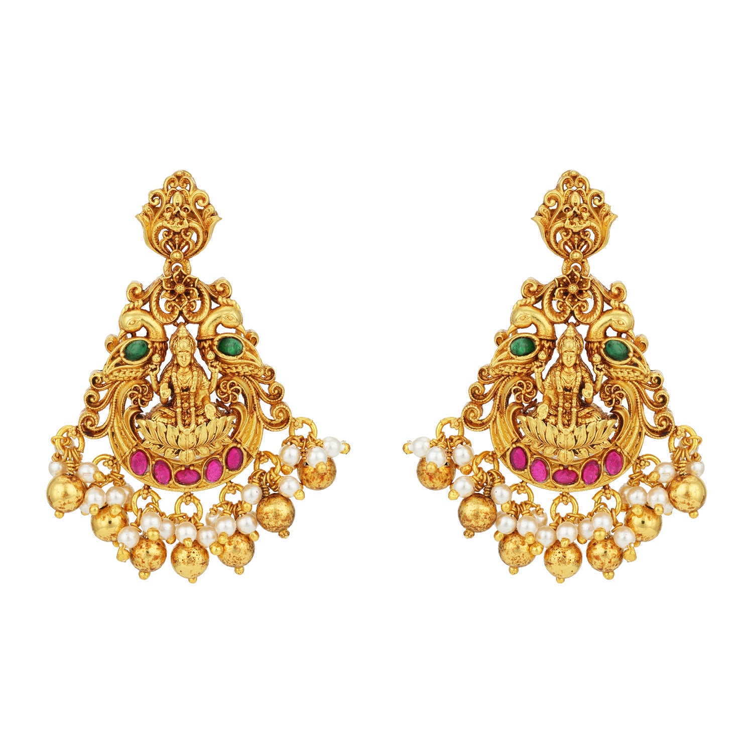 Golden Goddess Lakshmi Seated on Pink Lotus Between Two Green Peacocks 925 Sterling Silver Pearl Drop Chandbali Earrings for Women