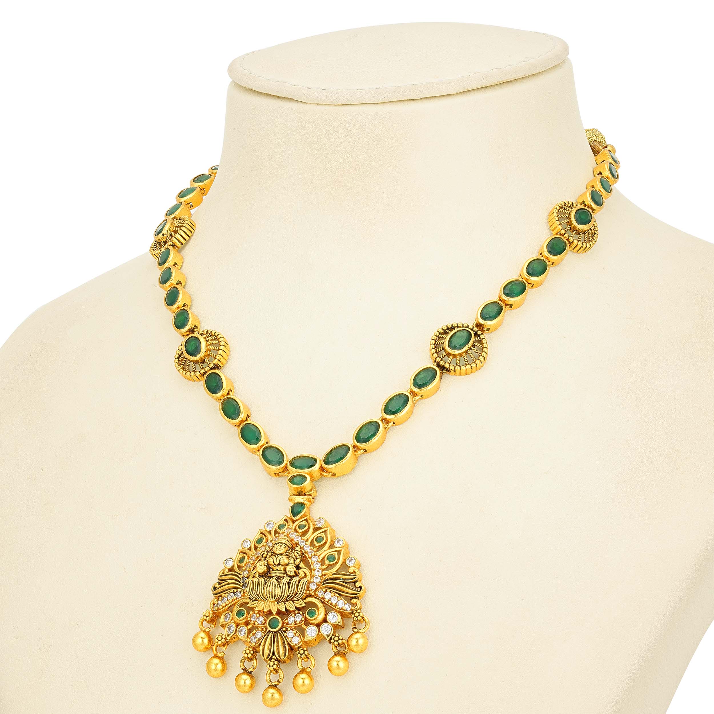 Golden Grand Lakshmi Temple Green Stone 925 Sterling Silver Gold Drop Short Haram for Women