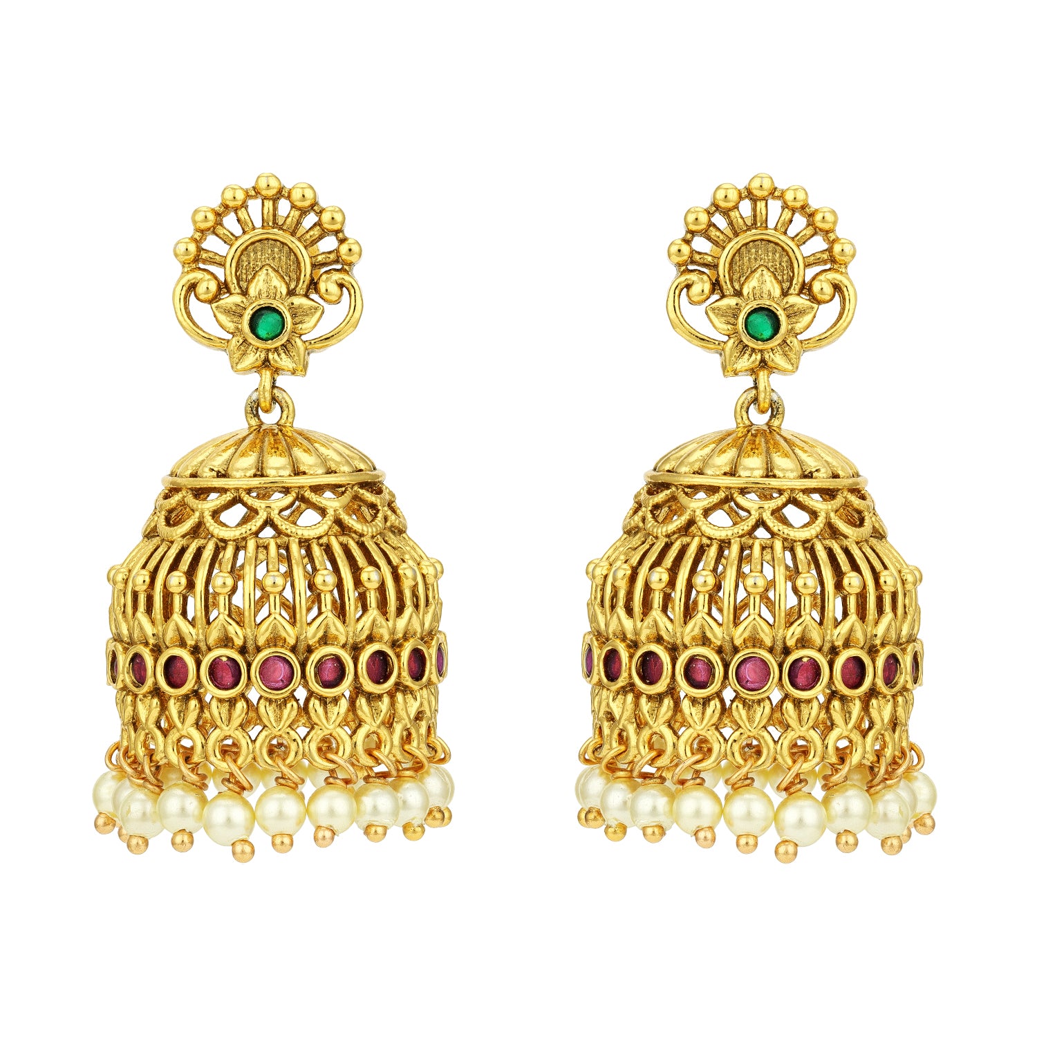 Golden Green Floral Pink Stone Accent Dome 925 Sterling Silver Pearl Drop Jhumka for Women
