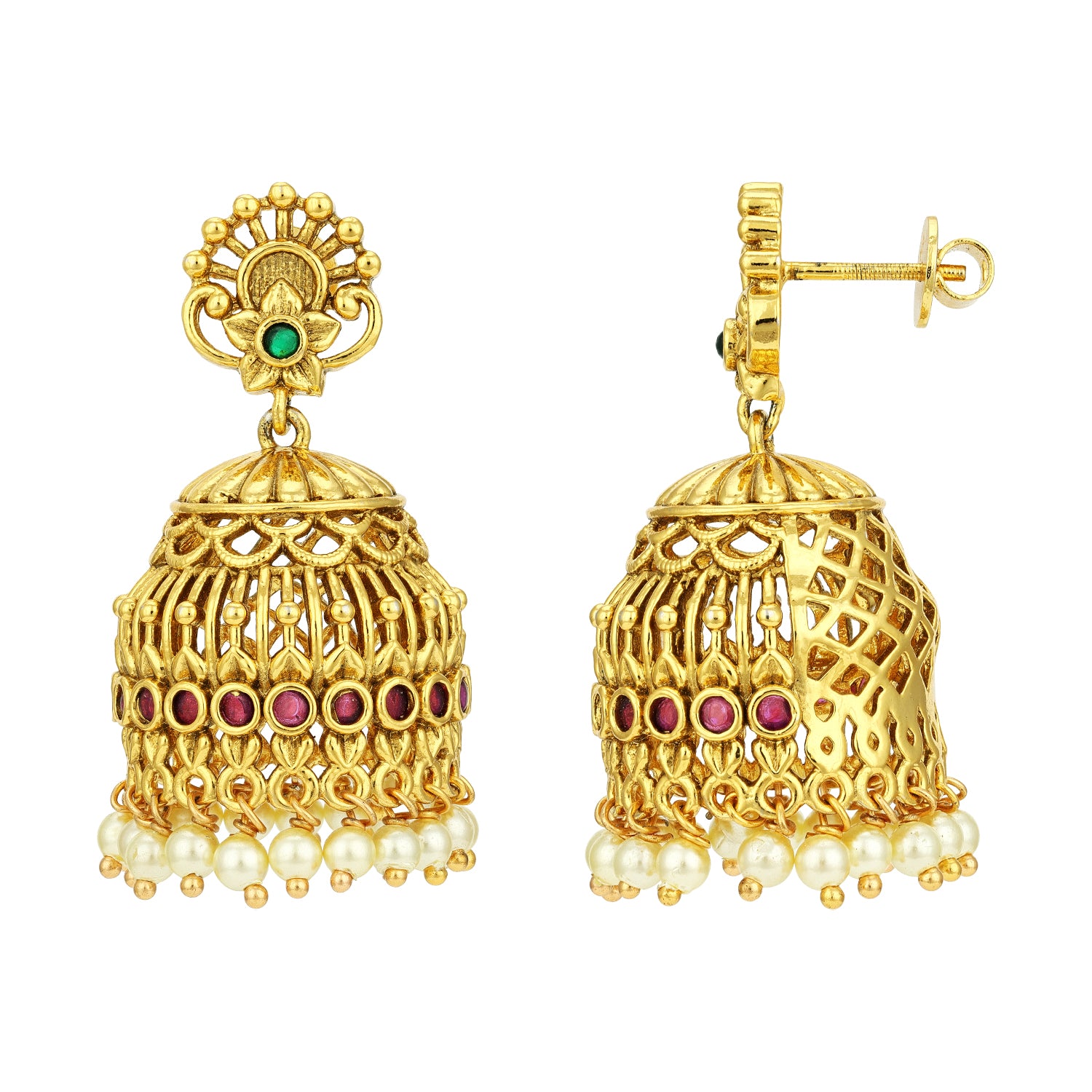 Golden Green Floral Pink Stone Accent Dome 925 Sterling Silver Pearl Drop Jhumka for Women