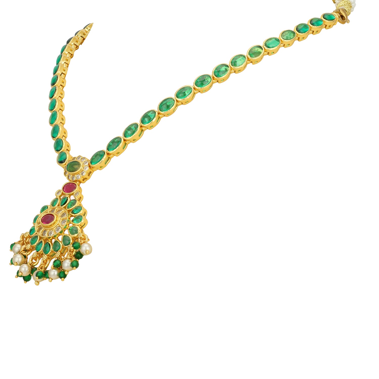 Golden Green Stone Accent 925 Sterling Silver Floral Drop Short Haram for Women