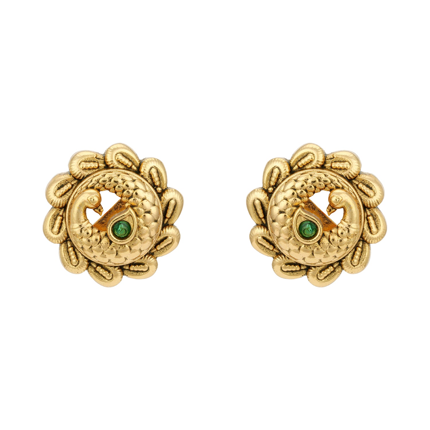 Golden Green Stone Peacock Motif 925 Sterling Silver Stud for Women