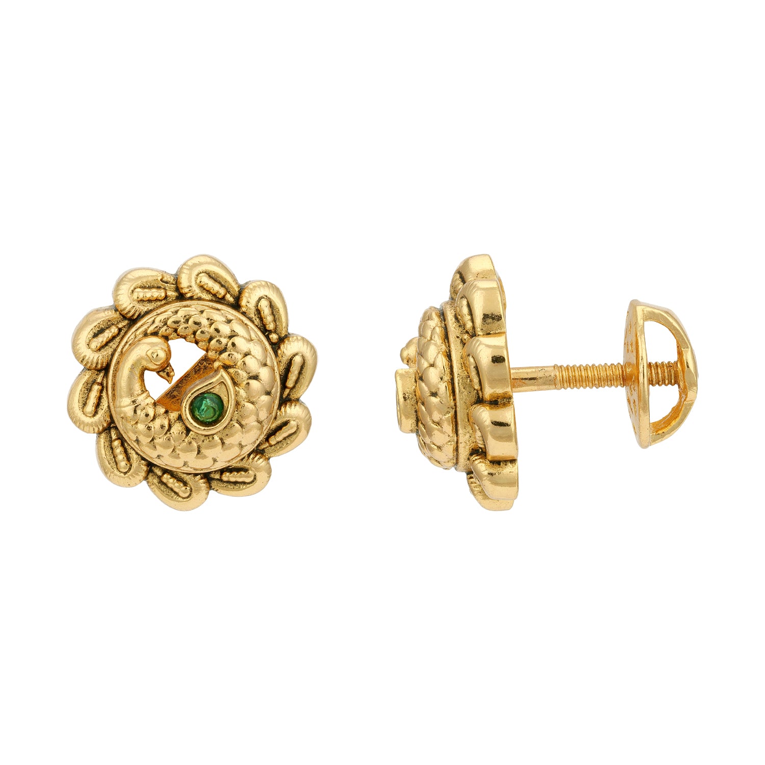 Golden Green Stone Peacock Motif 925 Sterling Silver Stud for Women