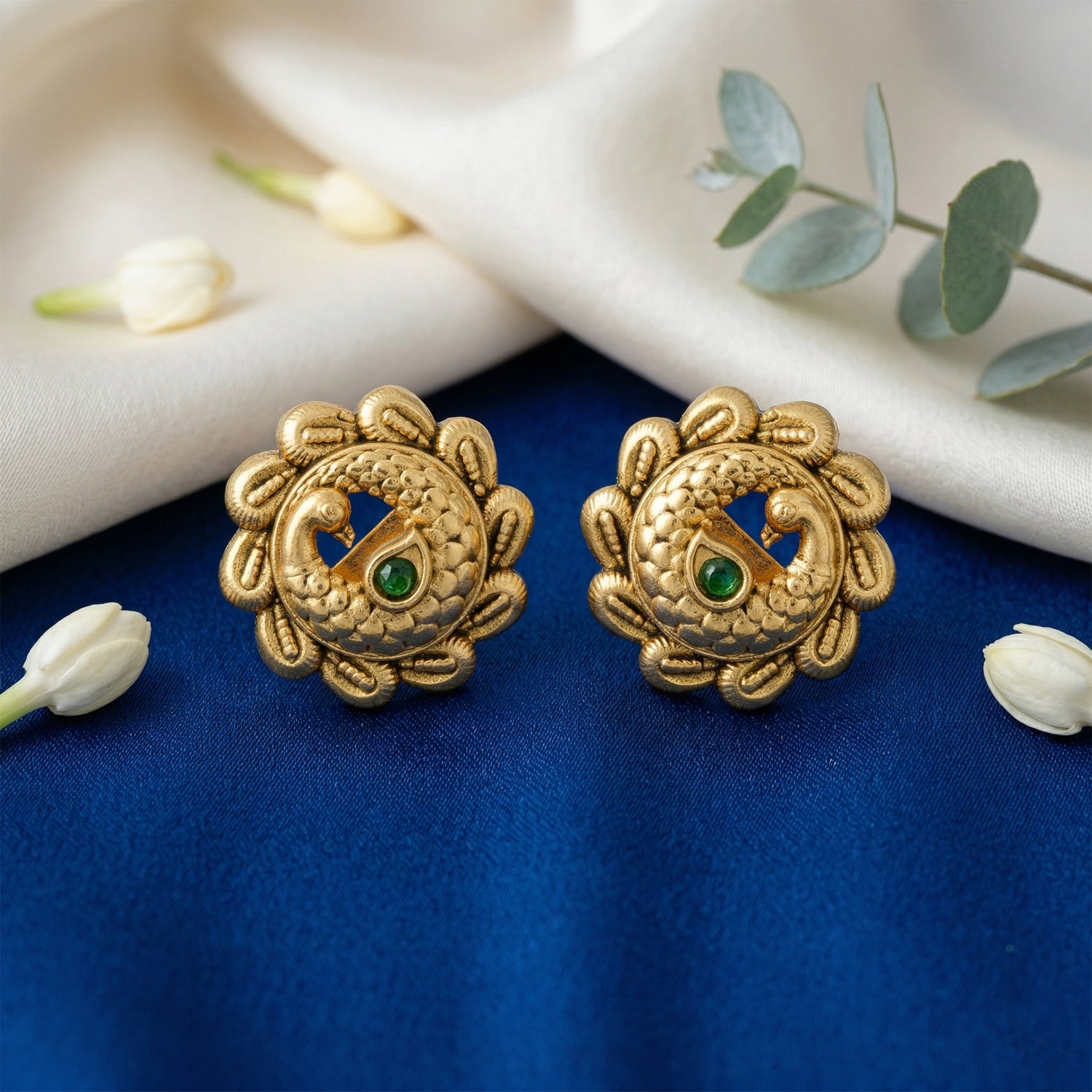Golden Green Stone Peacock Motif 925 Sterling Silver Stud for Women