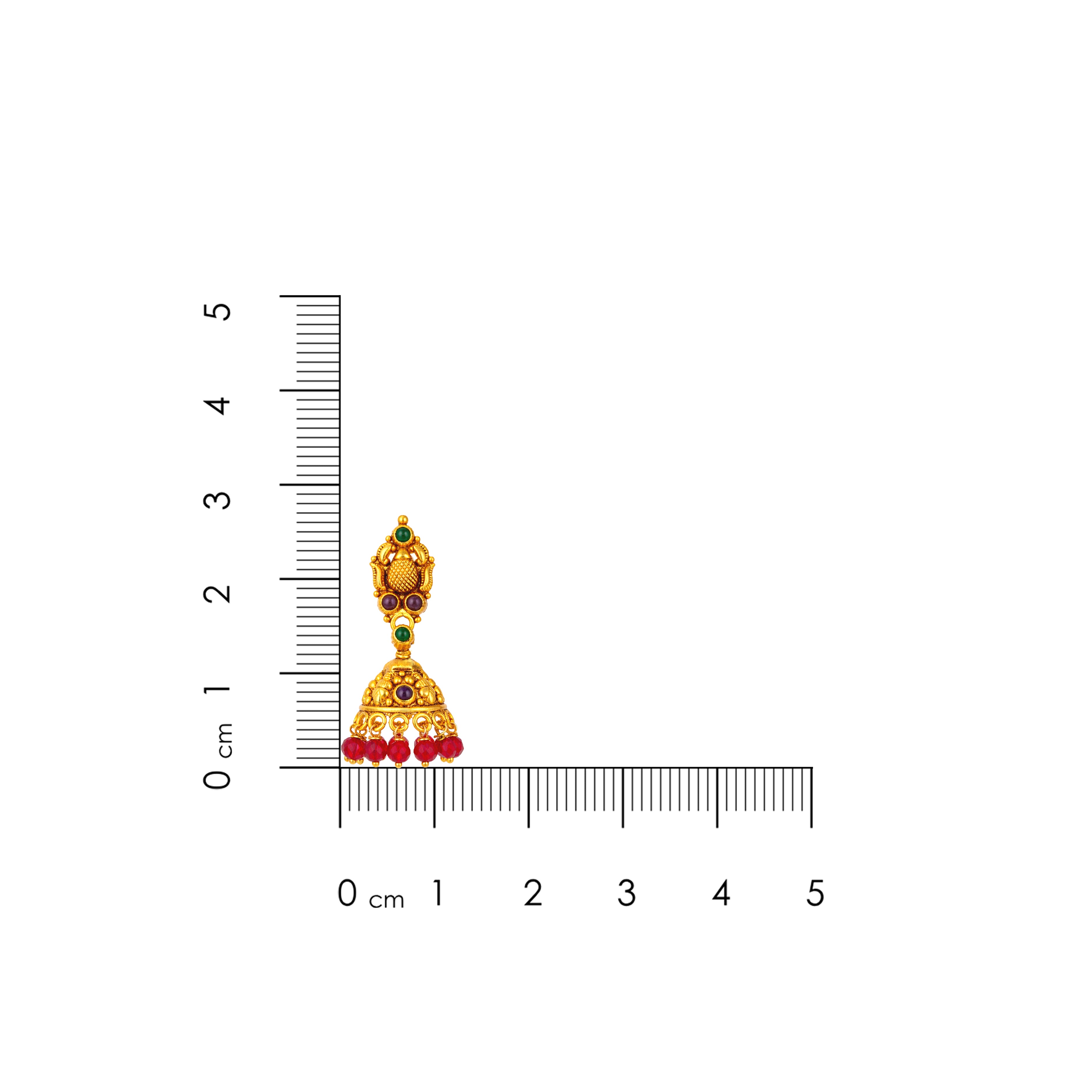 Gold earring with gemstones on a white background with a ruler for scale.