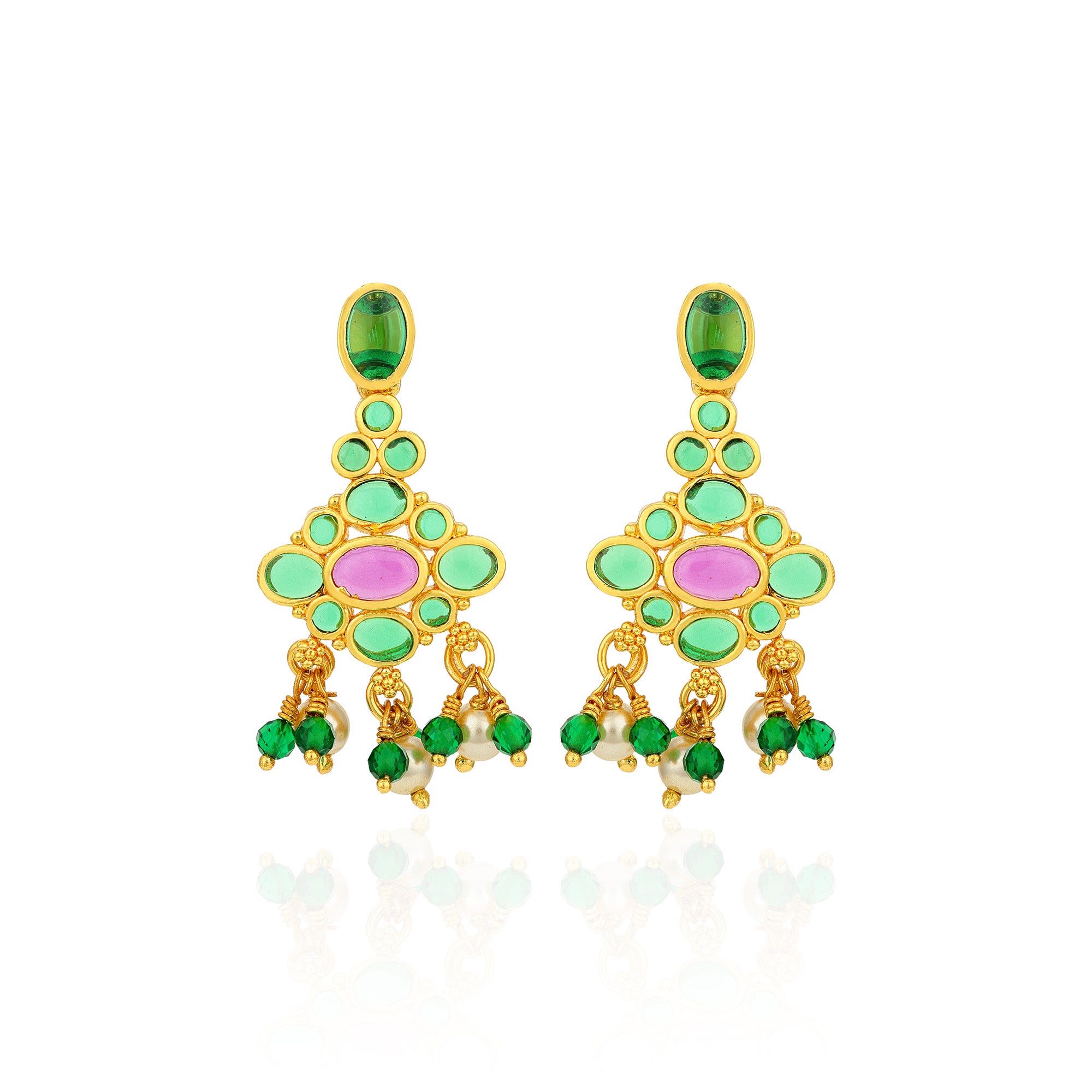 Golden Kundan Style Green Pink Stone 925 Sterling Silver Pearl Drop Earring for Women